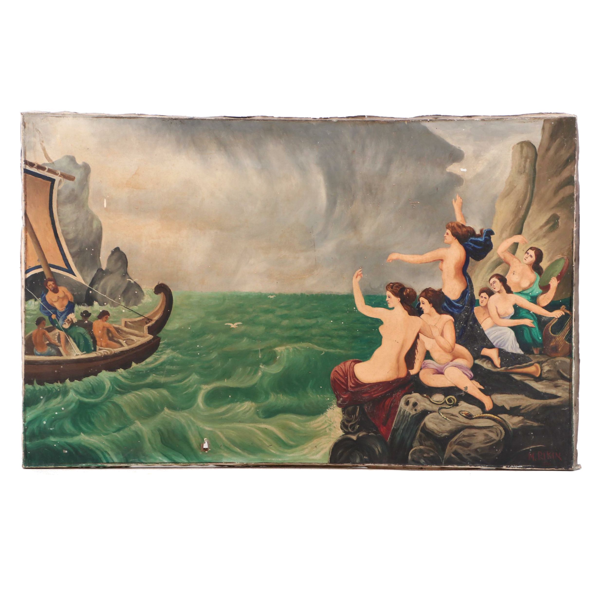 M. Rikin Mid Century Oil Painting of Odysseus and the Sirens