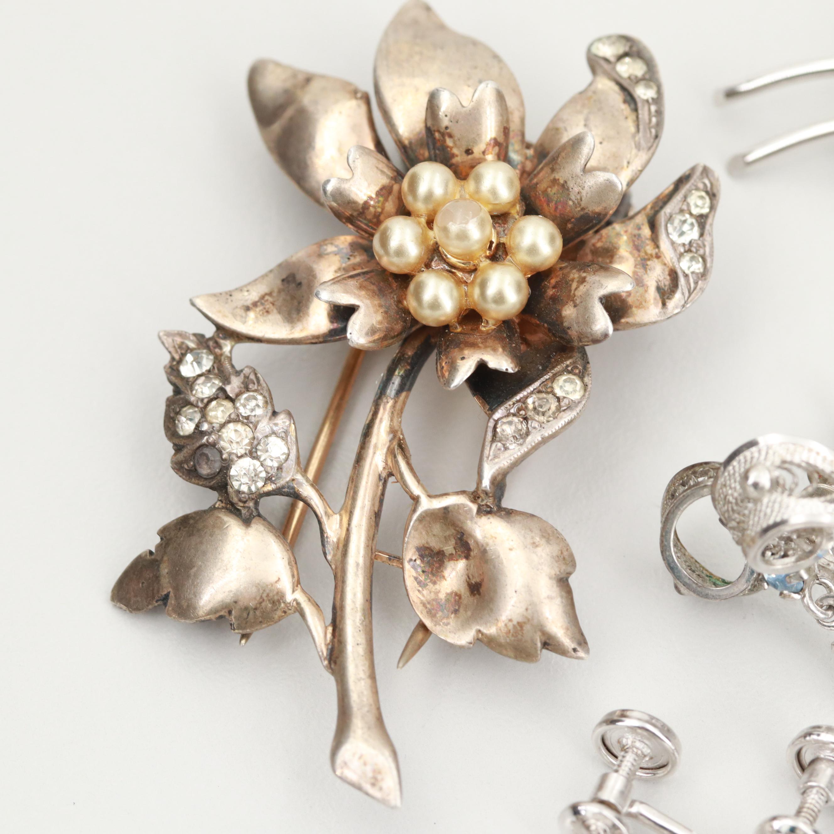 Assortment of Sterling Silver Foilback Brooch and Earring