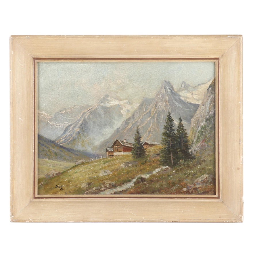 20th Century Oil Painting of House in the Mountains