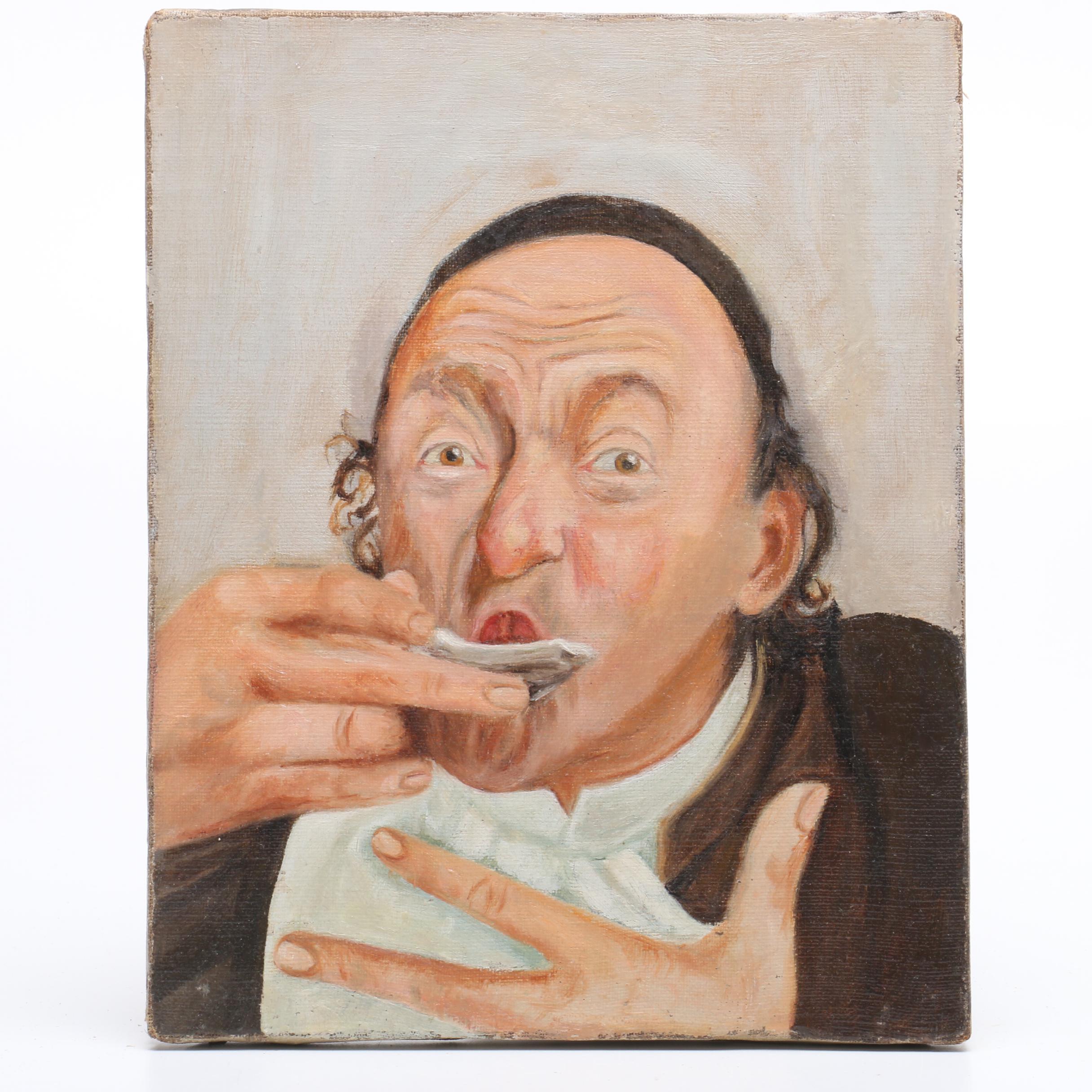 Two Illustration Oil Paintings of Men Eating