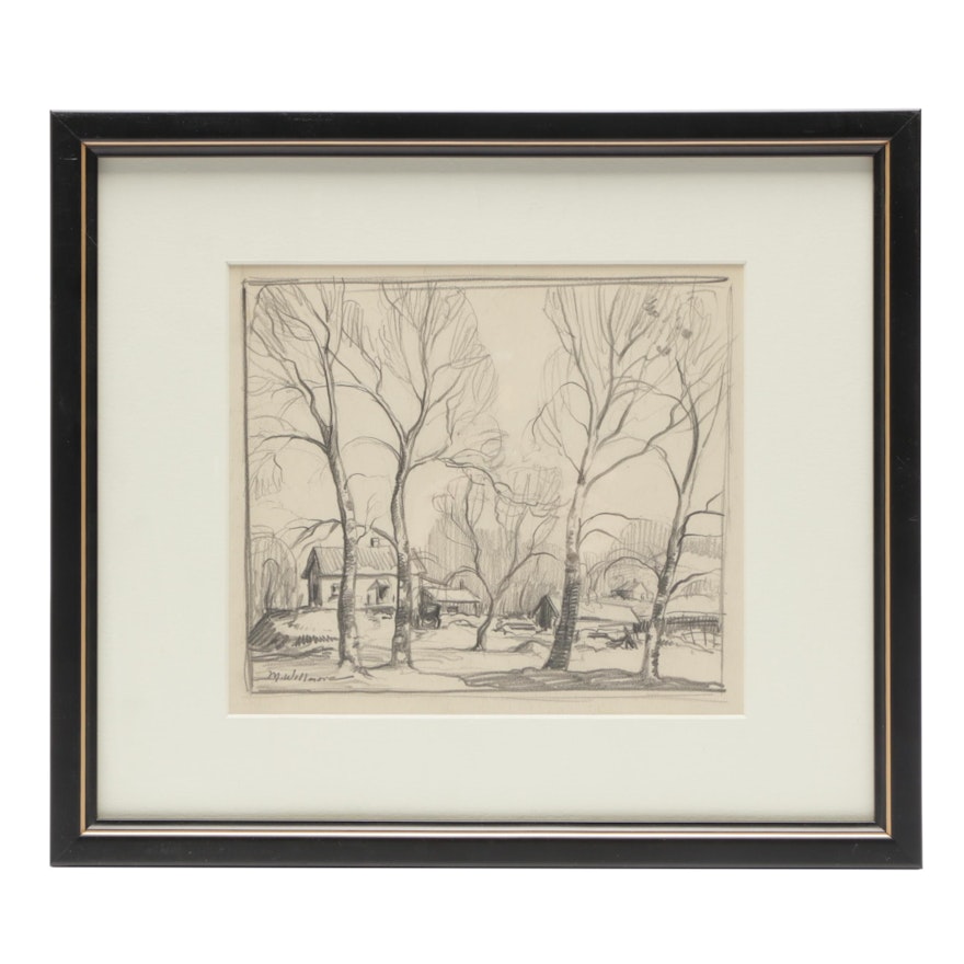 Merton Willmore Mid-Century Graphite Landscape Drawing