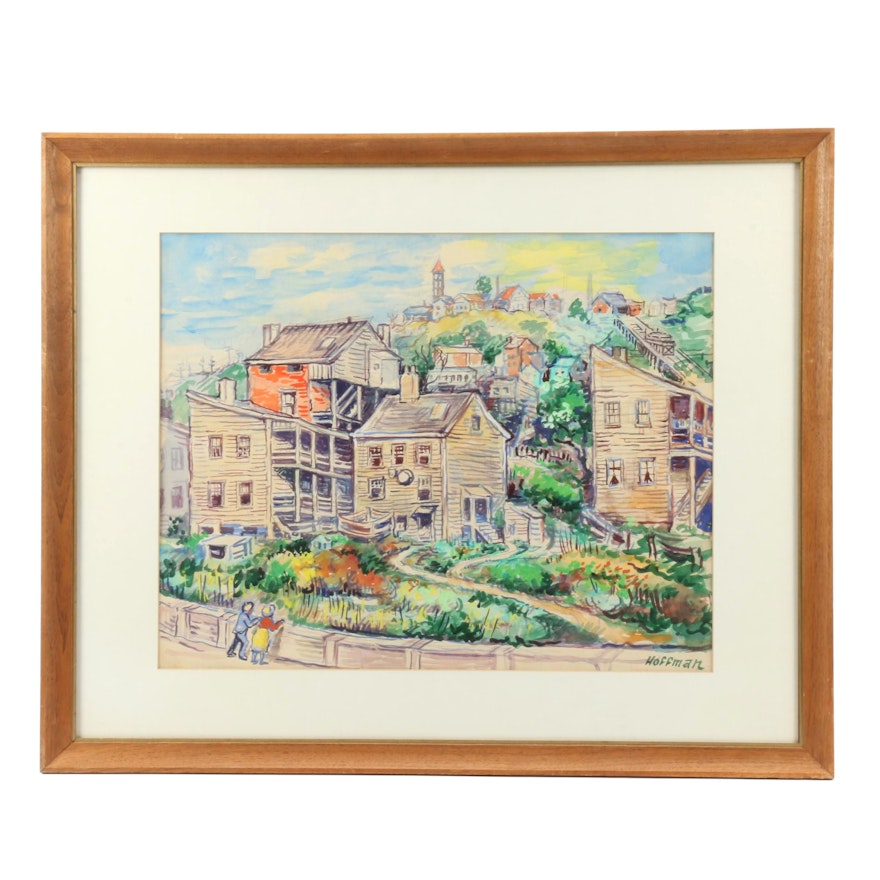 Hoffman Watercolor Painting of Buildings with Incline