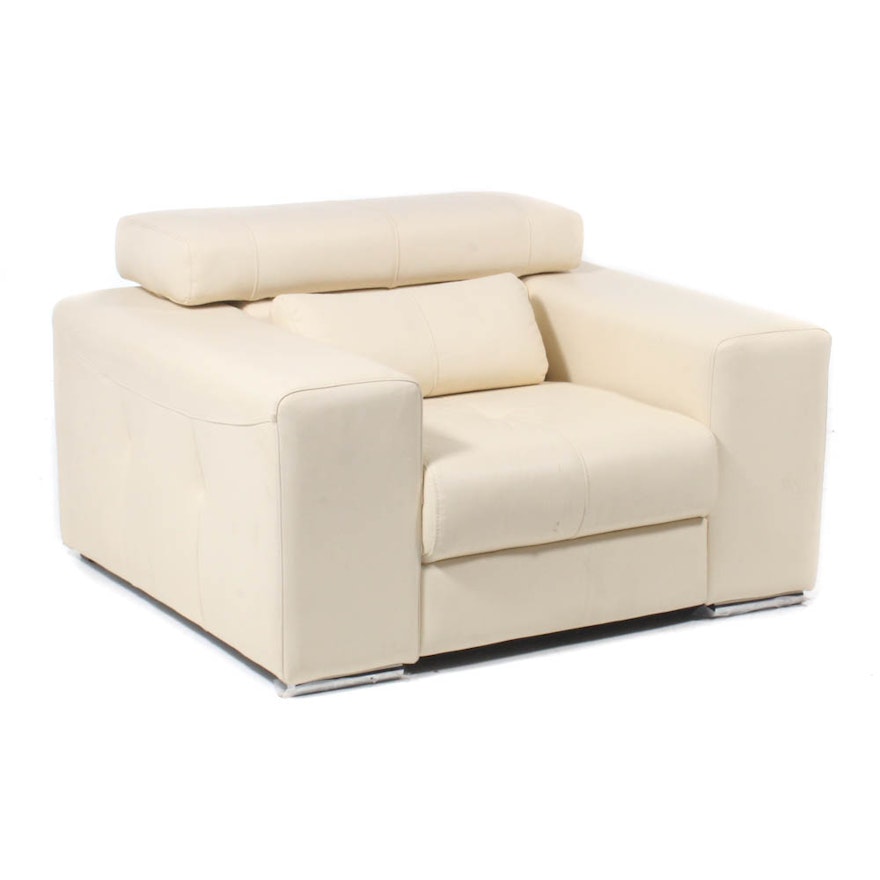 Oversize Contemporary Off-White Leather Chair with Adjustable Headrest