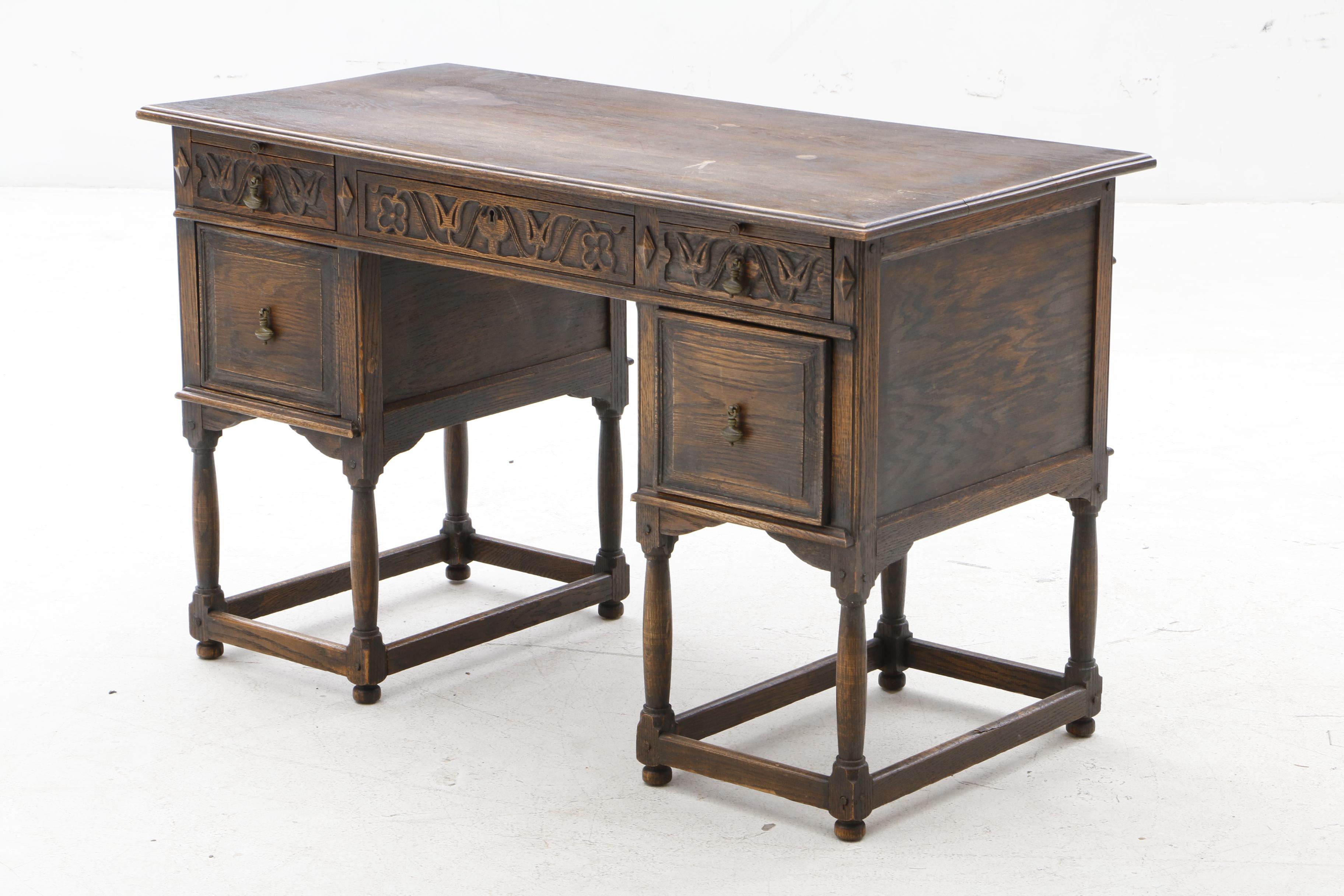 Early 1900s English Jacobean Revival Oak Desk and Chair
