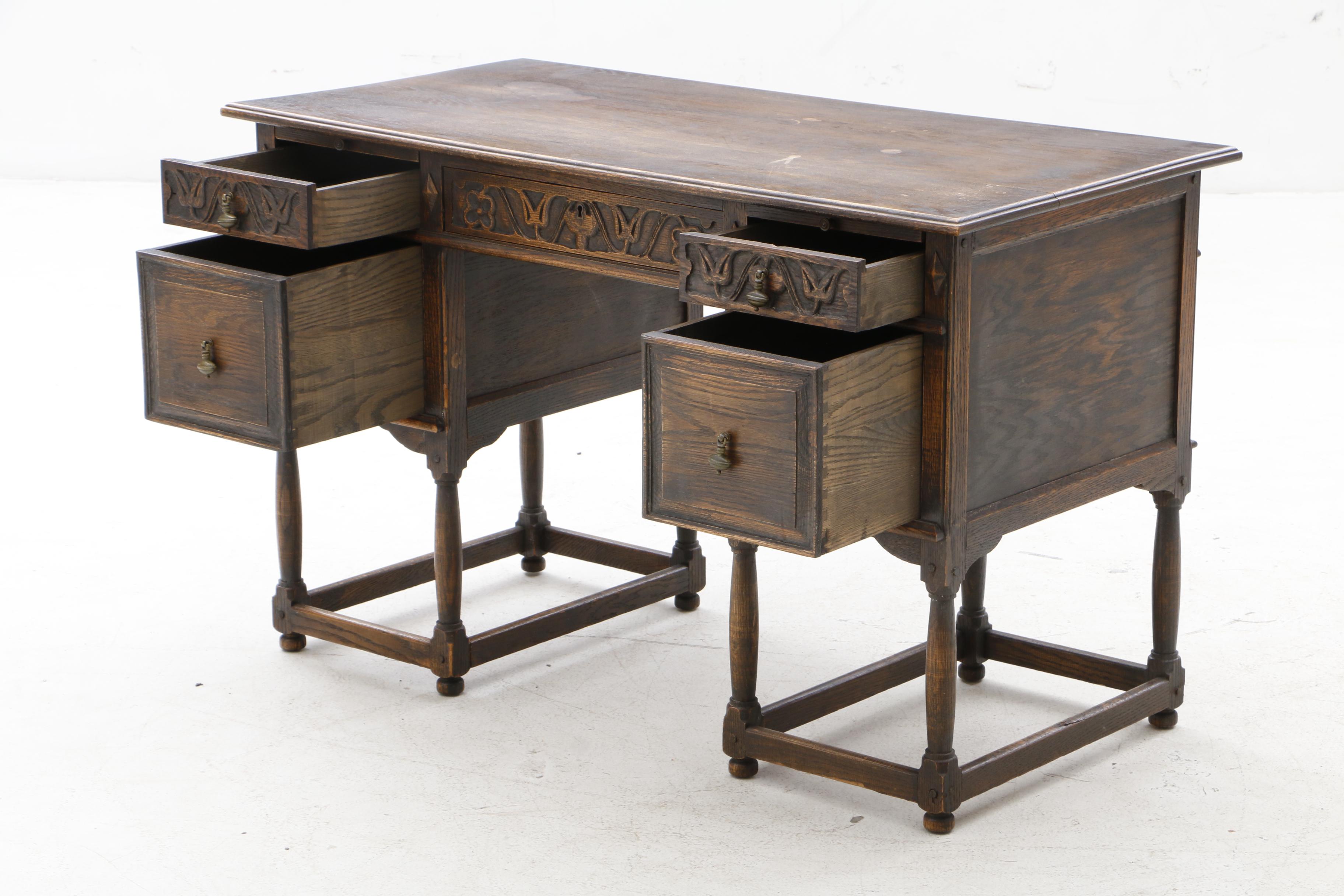 Early 1900s English Jacobean Revival Oak Desk and Chair