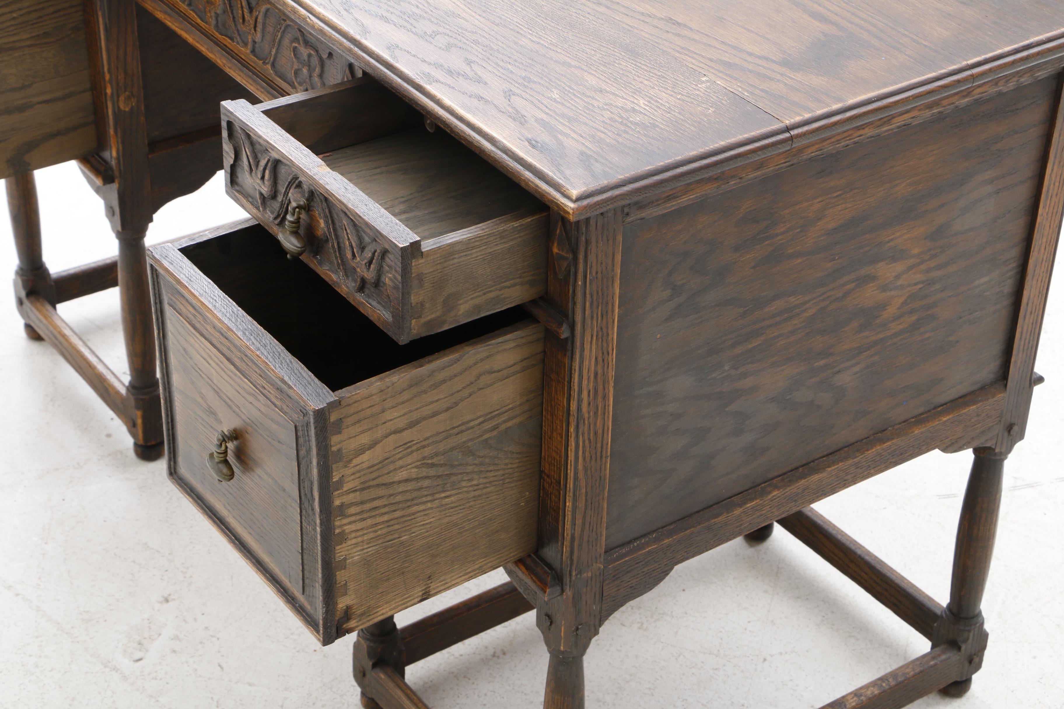 Early 1900s English Jacobean Revival Oak Desk and Chair