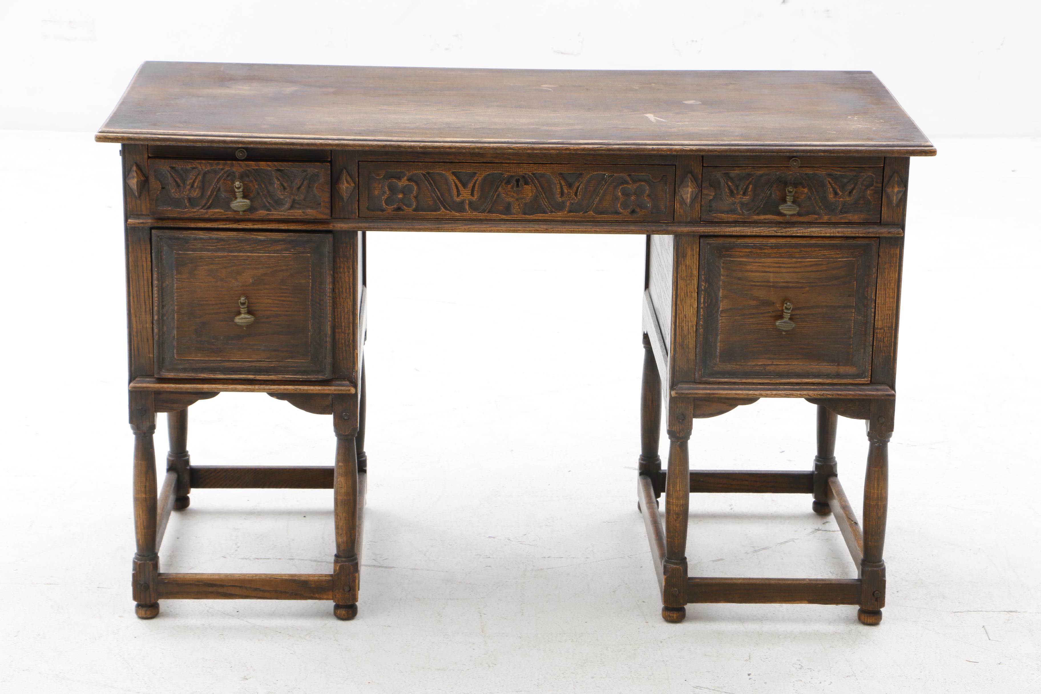 Early 1900s English Jacobean Revival Oak Desk and Chair