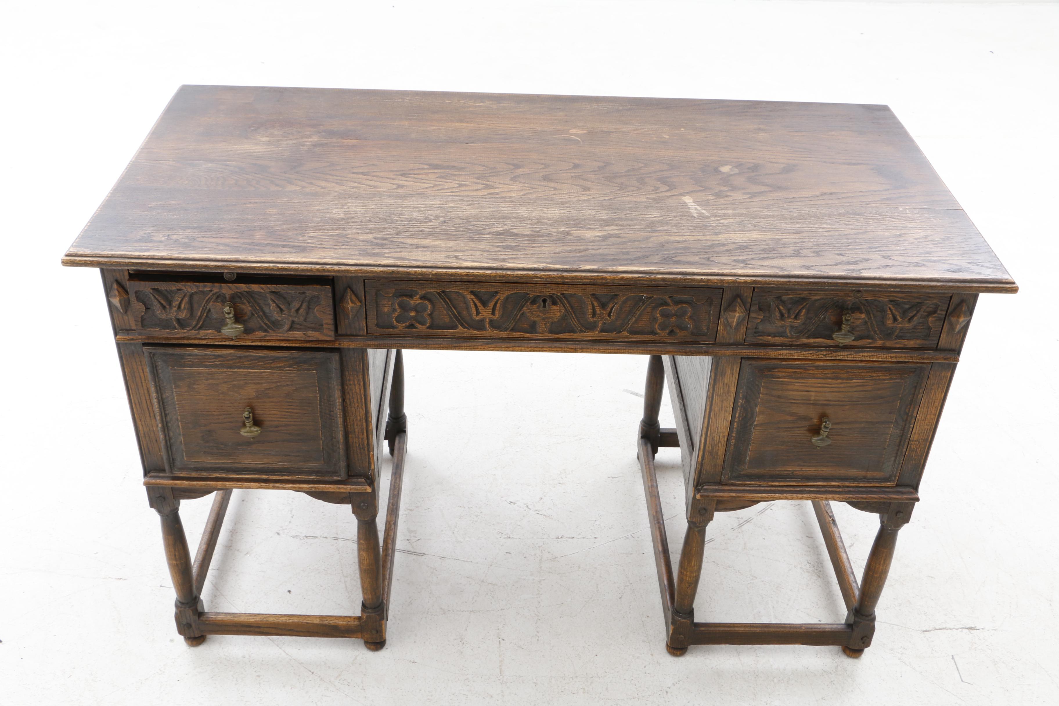 Early 1900s English Jacobean Revival Oak Desk and Chair