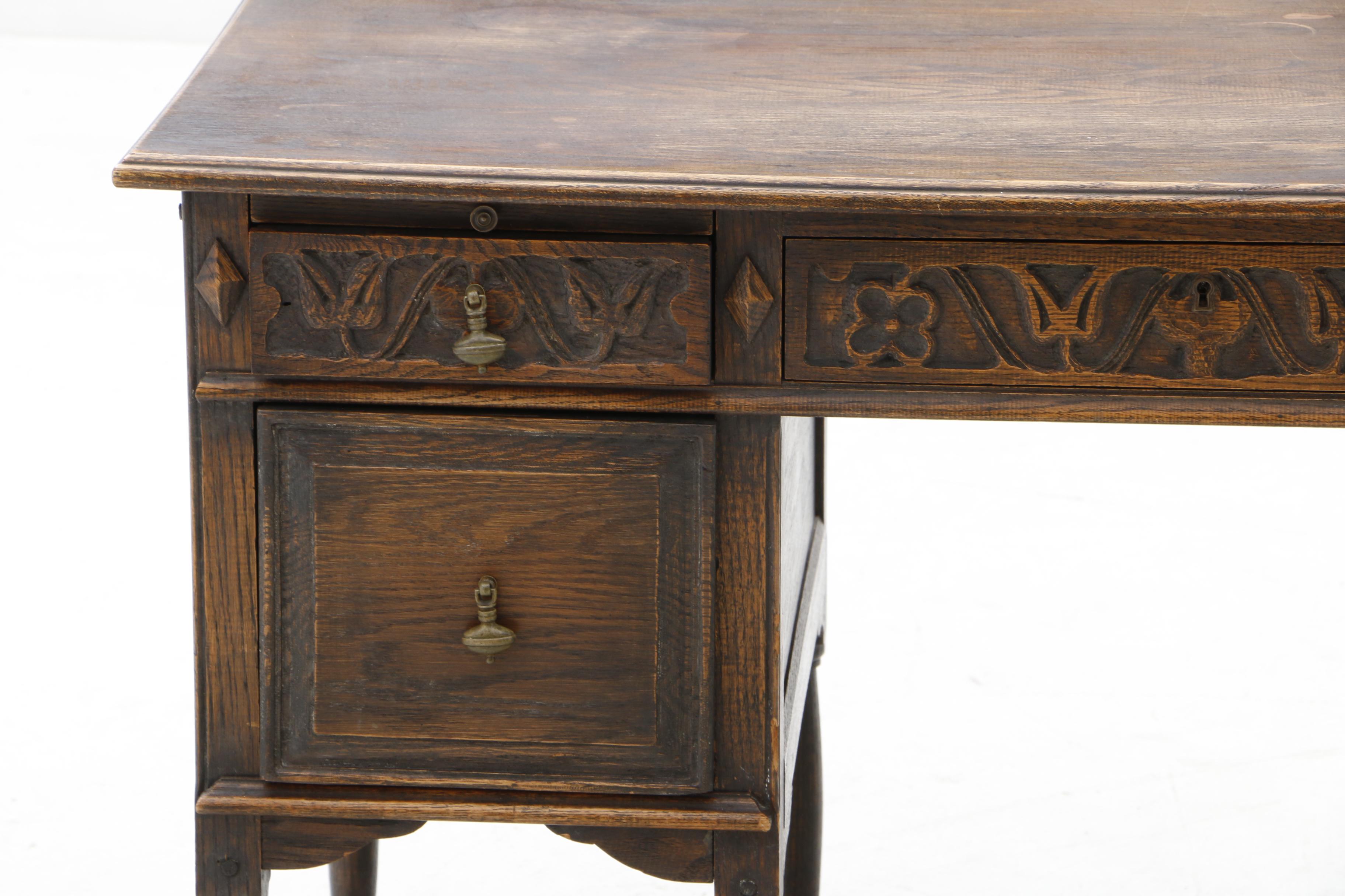 Early 1900s English Jacobean Revival Oak Desk and Chair