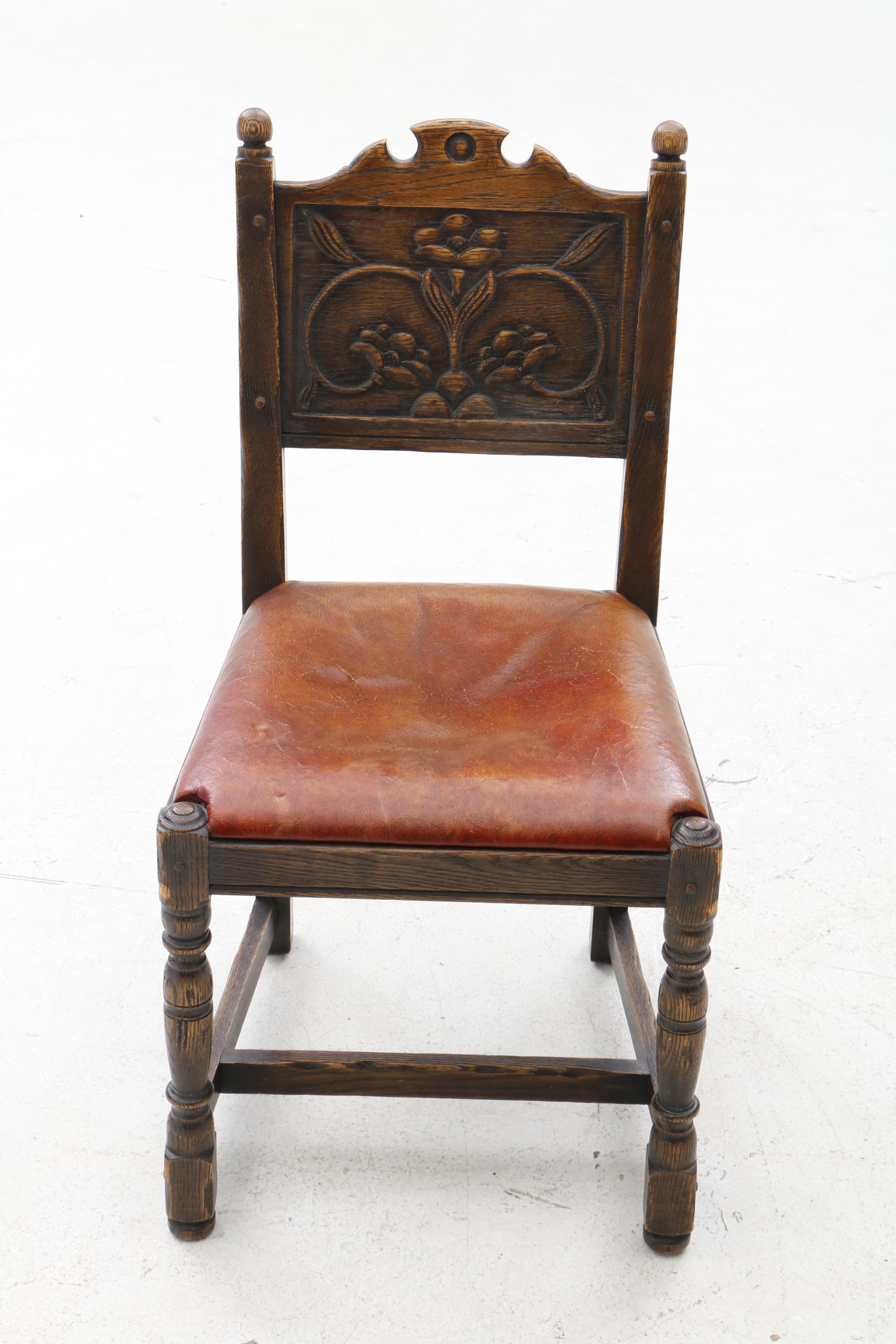 Early 1900s English Jacobean Revival Oak Desk and Chair