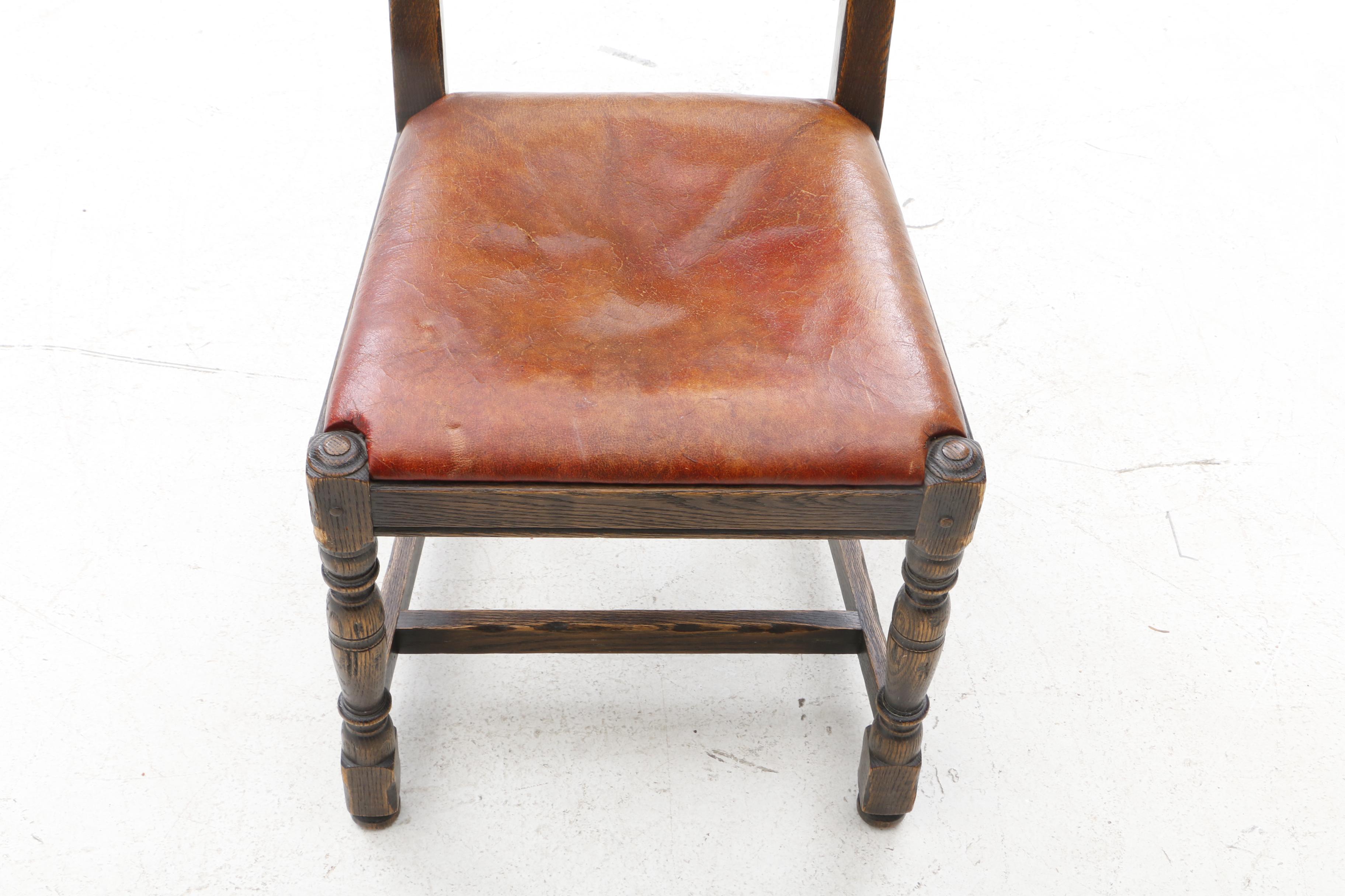 Early 1900s English Jacobean Revival Oak Desk and Chair