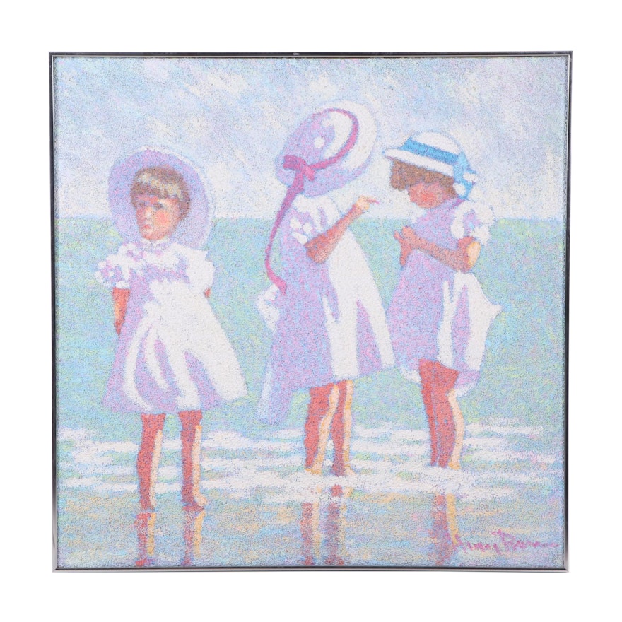 Textured Acrylic Painting of Children on Beach