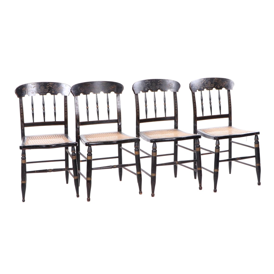 Hitchcock Style Painted and Stenciled Wood Chairs with Cane Seats, Late 19th C.