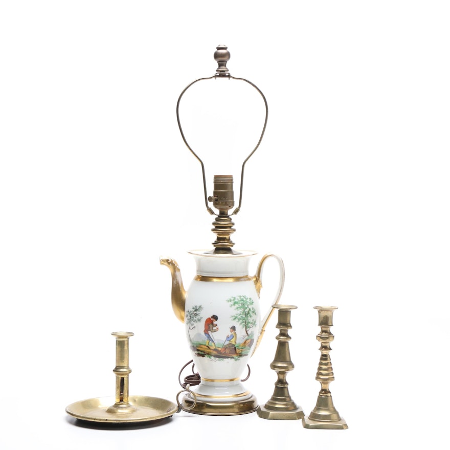 Converted Hand-Painted Teapot Table Lamp and Brass Candleholders