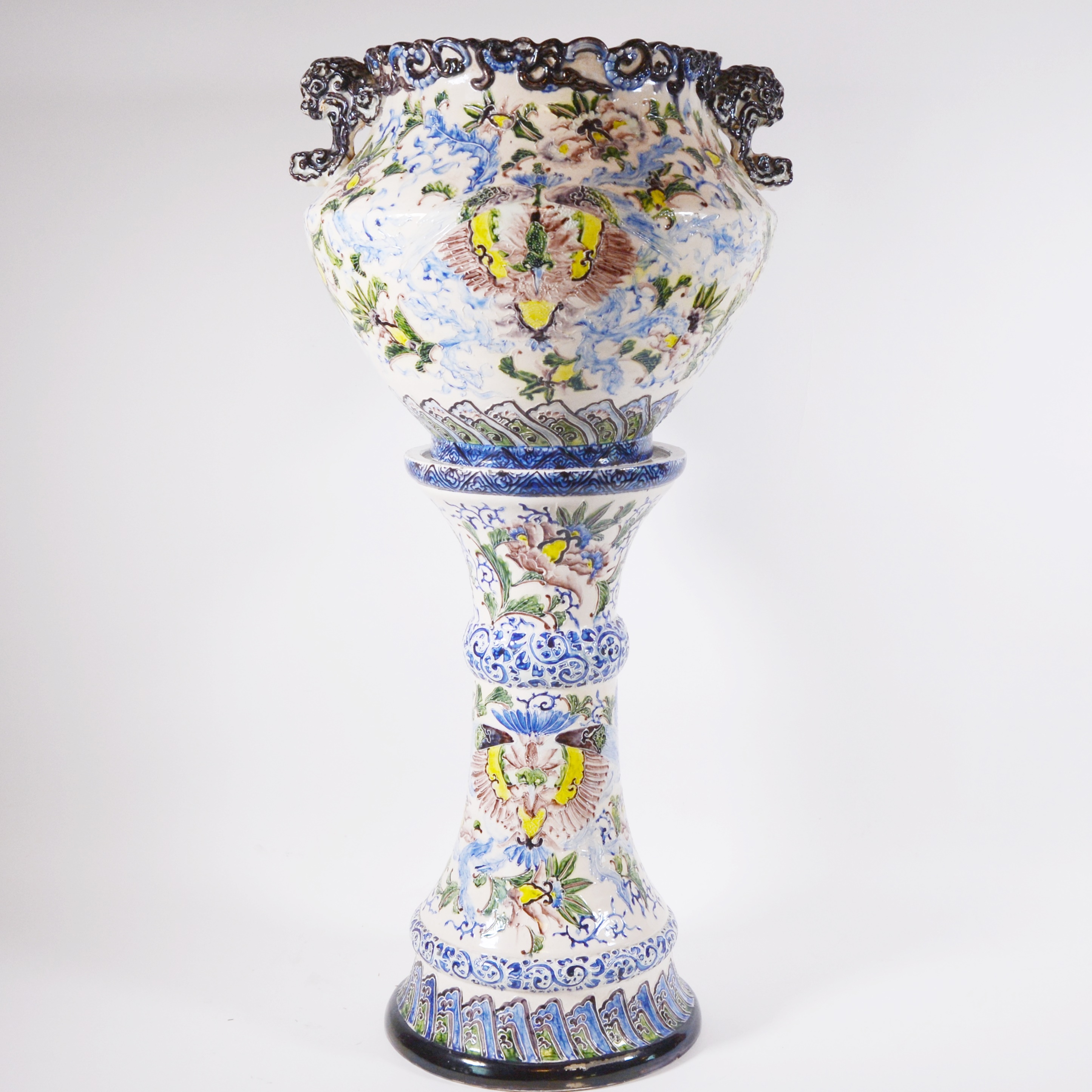 Japanese Satsuma Style Porcelain Jardinière and Pedestal