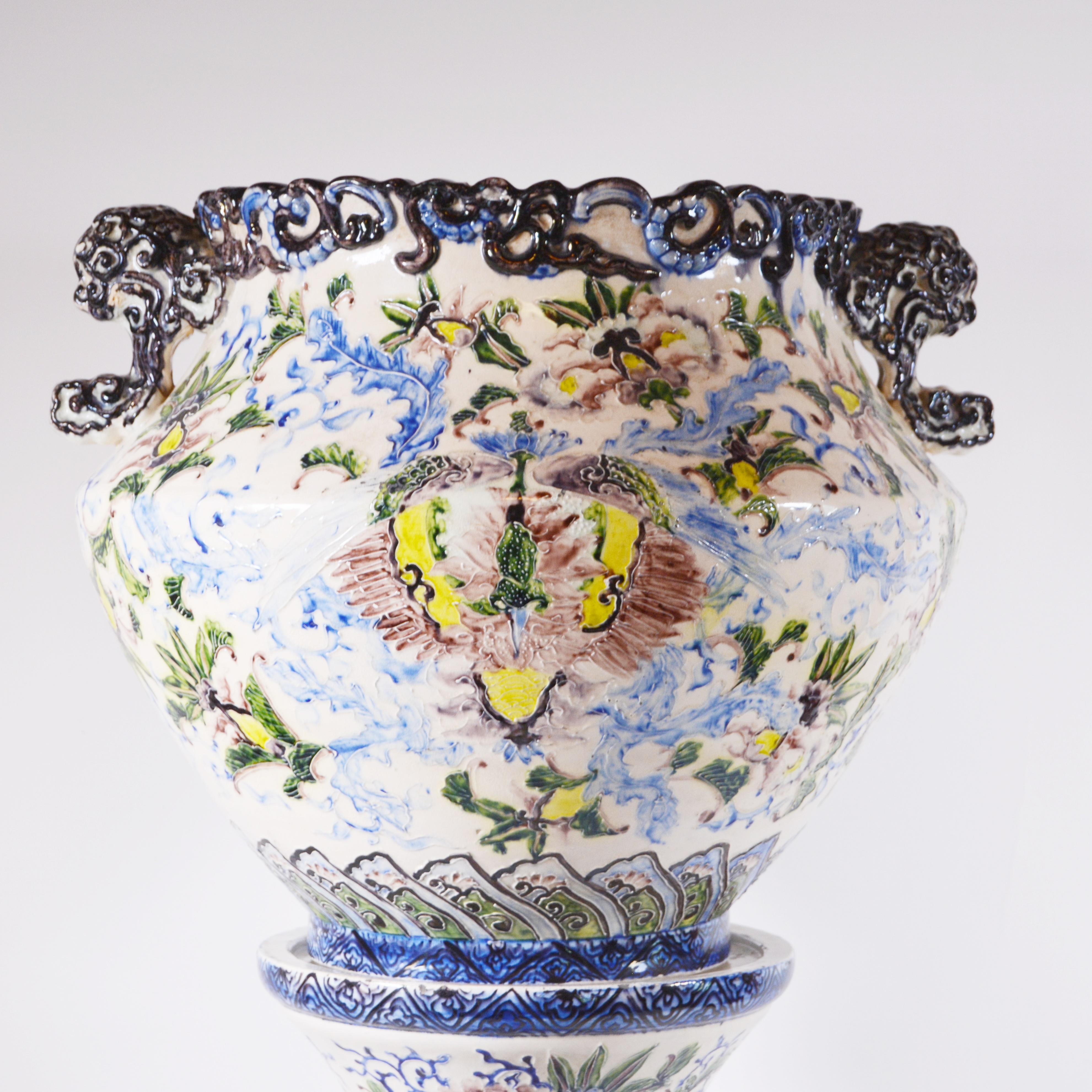 Japanese Satsuma Style Porcelain Jardinière and Pedestal