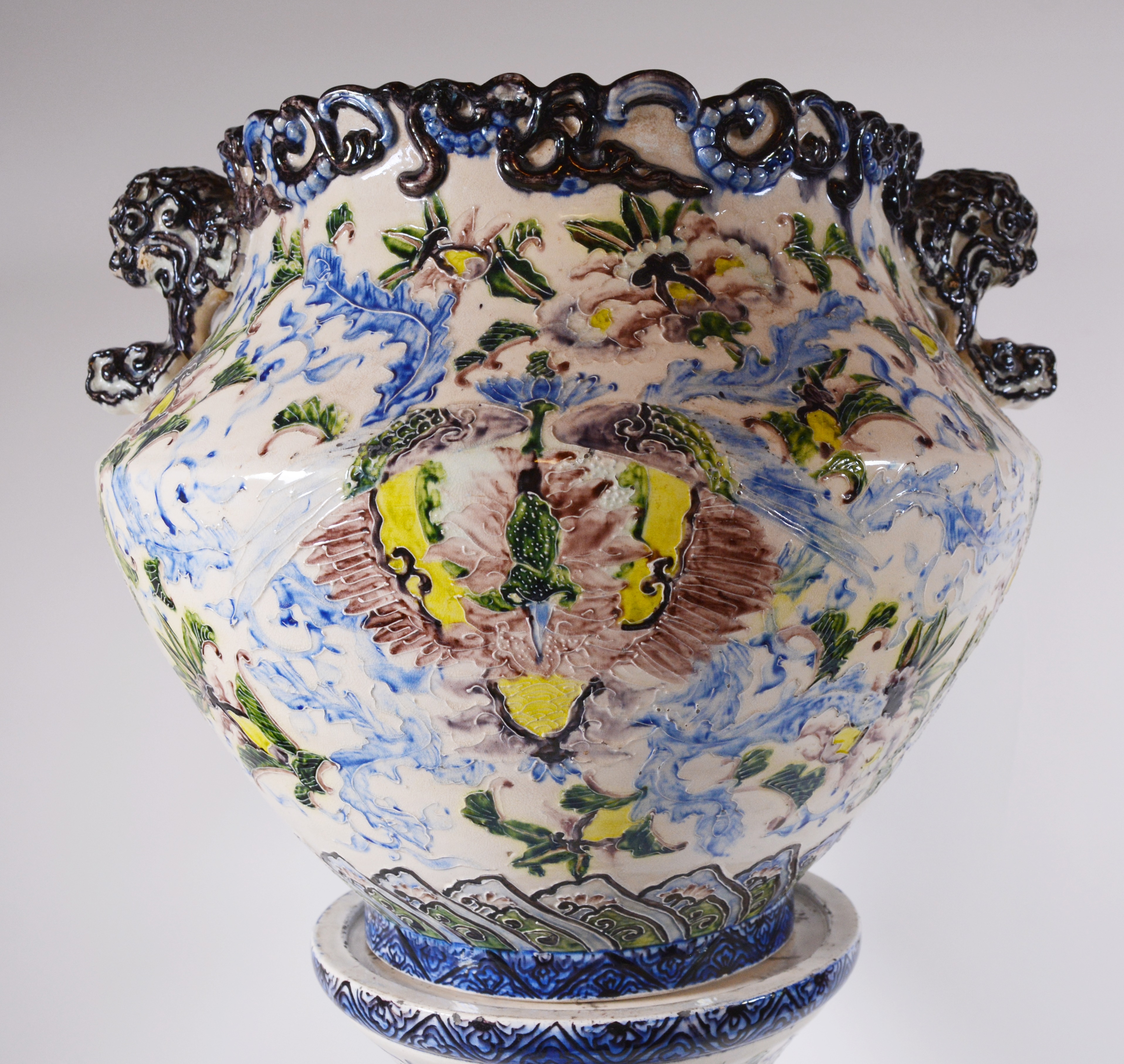 Japanese Satsuma Style Porcelain Jardinière and Pedestal