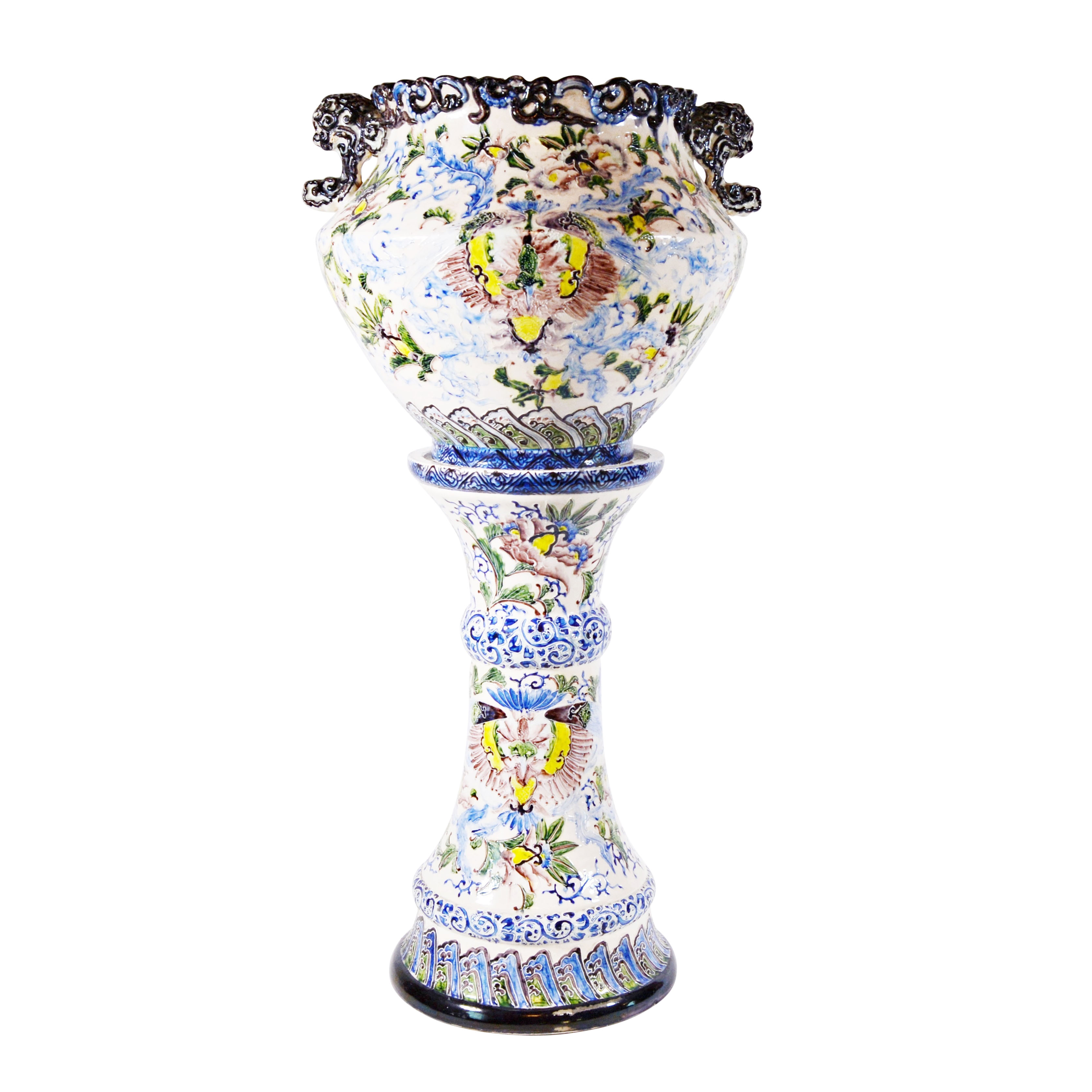 Japanese Satsuma Style Porcelain Jardinière and Pedestal