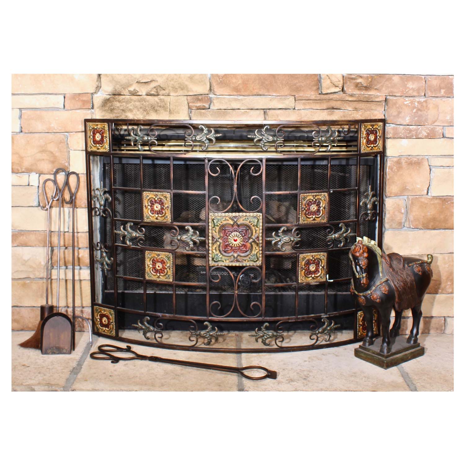 Italianate Metal Fireplace Screen, Iron Tool Set and Horse Carving