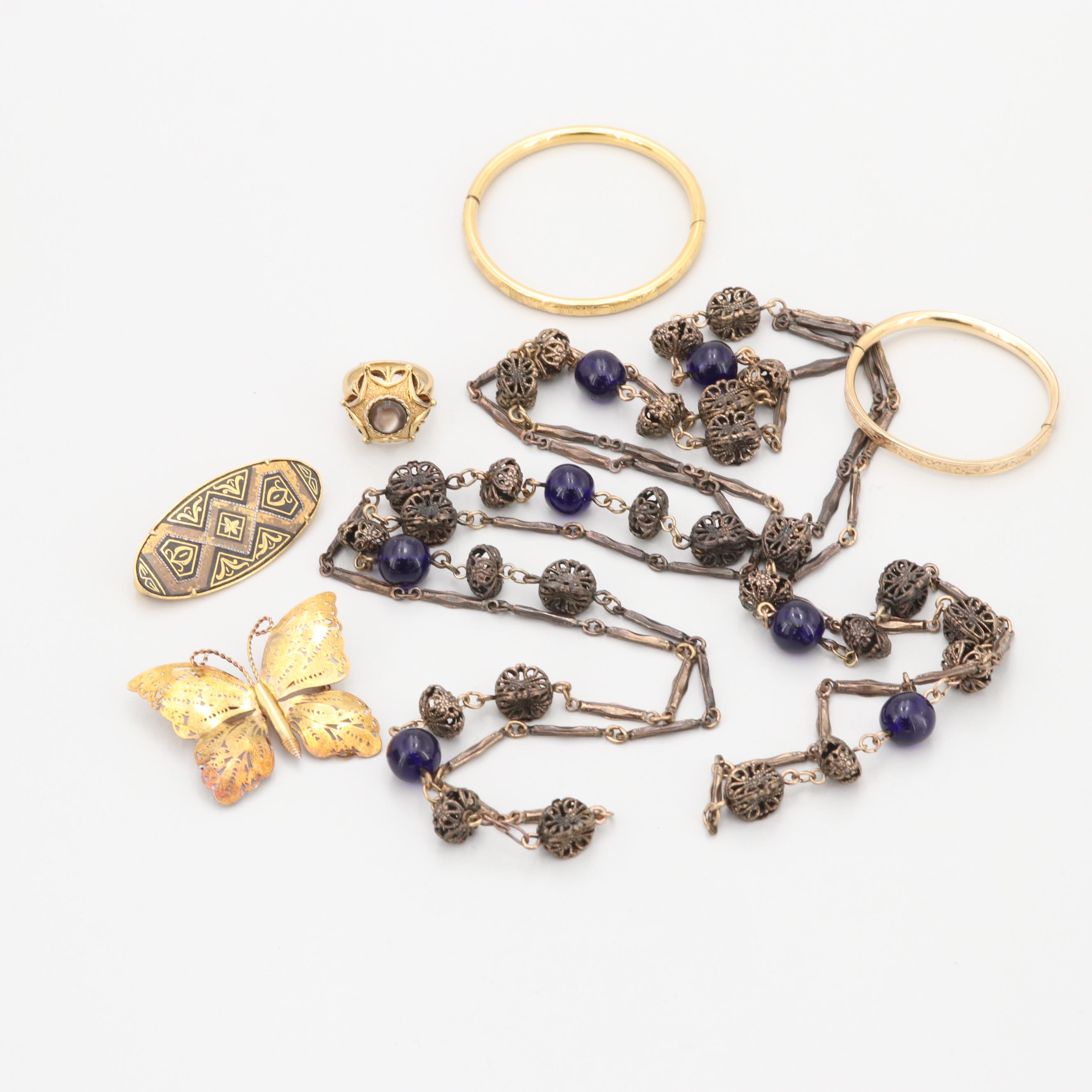 Vintage Gold Tone Mother of Pearl, Enamel and Glass Jewelry