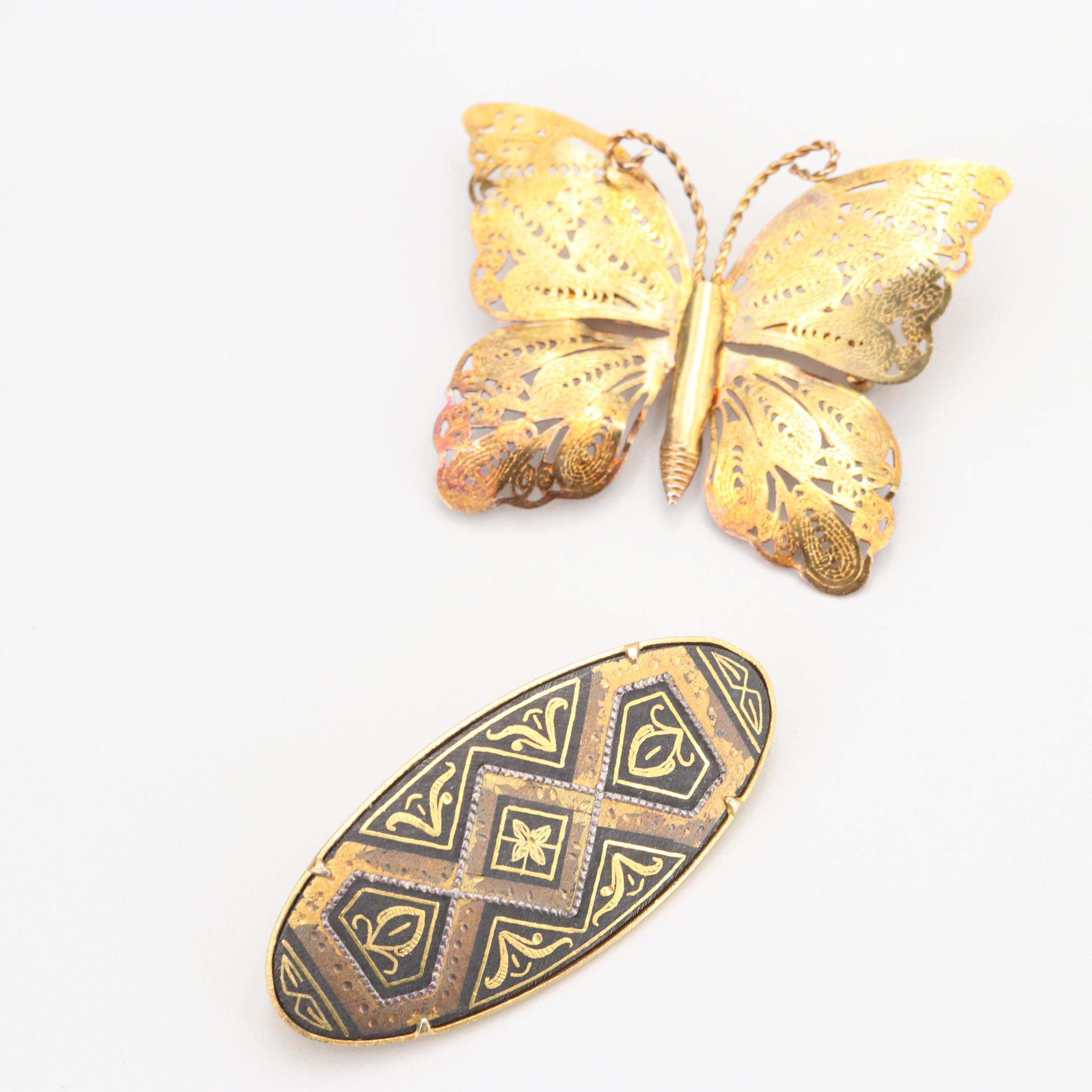 Vintage Gold Tone Mother of Pearl, Enamel and Glass Jewelry