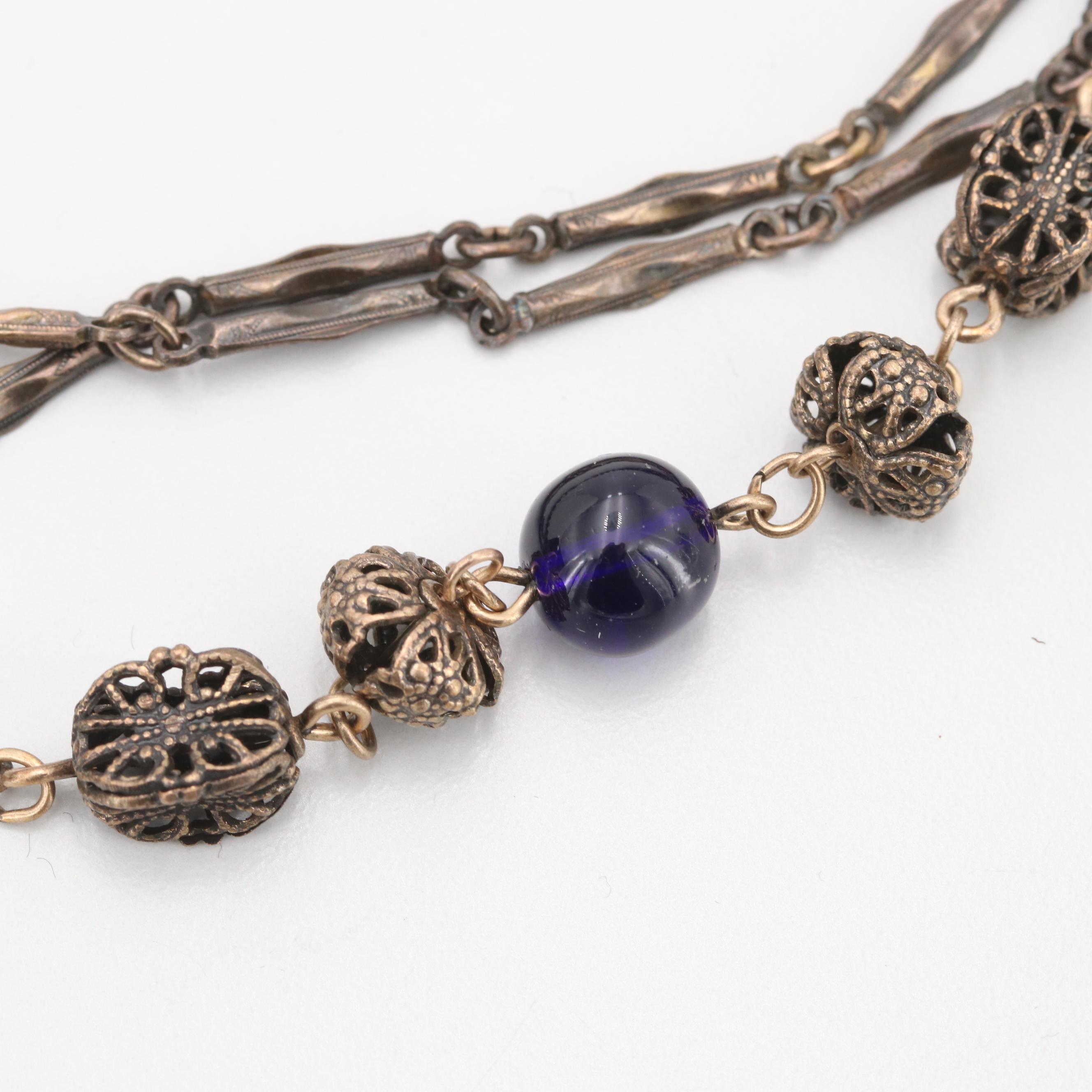 Vintage Gold Tone Mother of Pearl, Enamel and Glass Jewelry