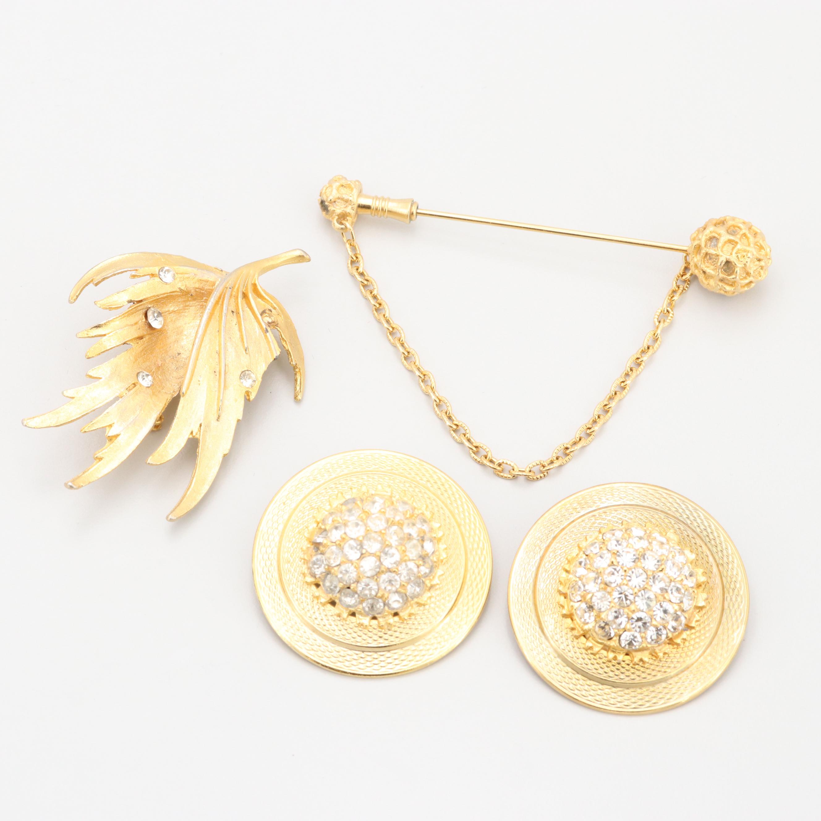 Assortment of Gold Tone Foilback Jewelry Including Scarf Clips