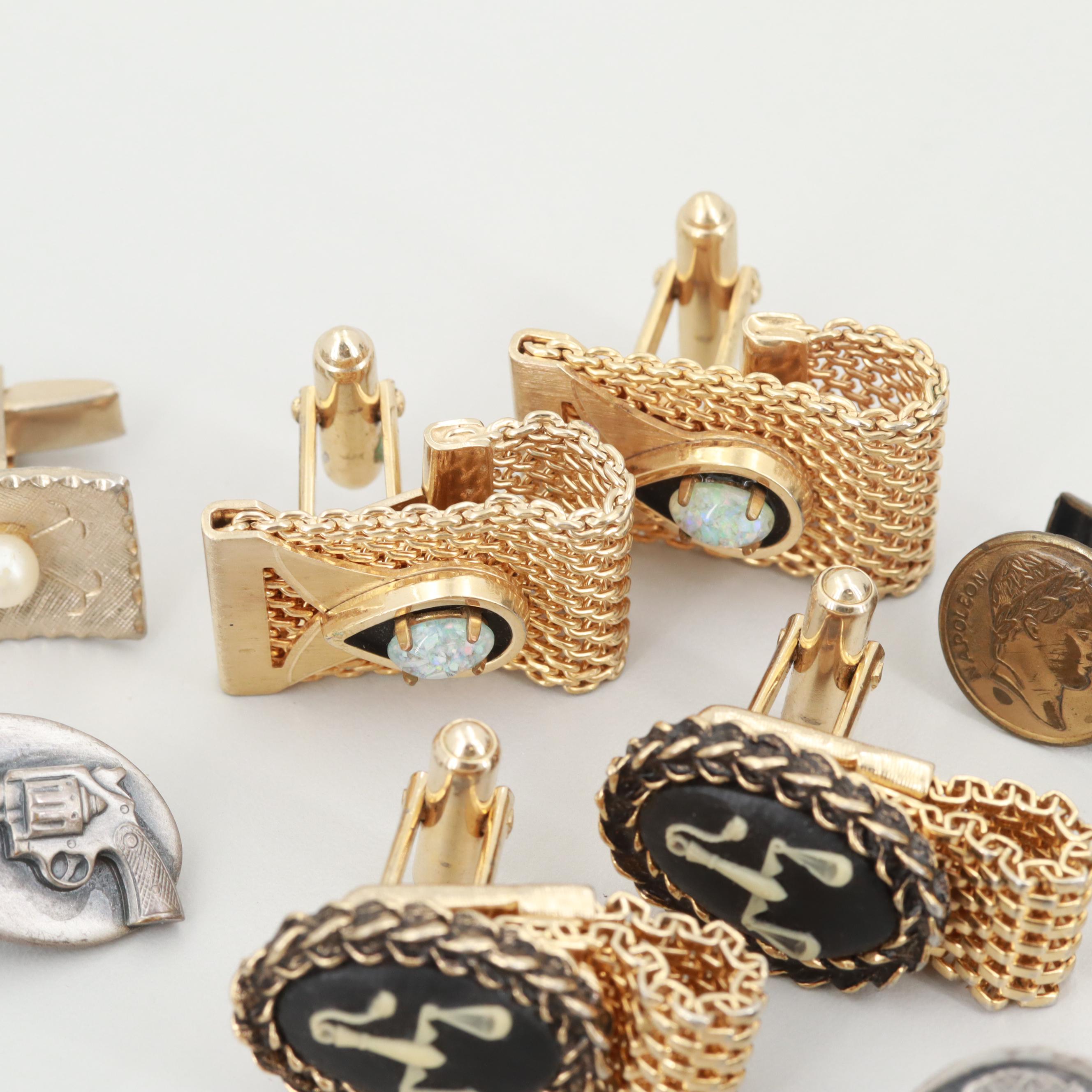 Cufflinks and Tie Clips with Chip Opal, Imitation Pearl and Glass Accents