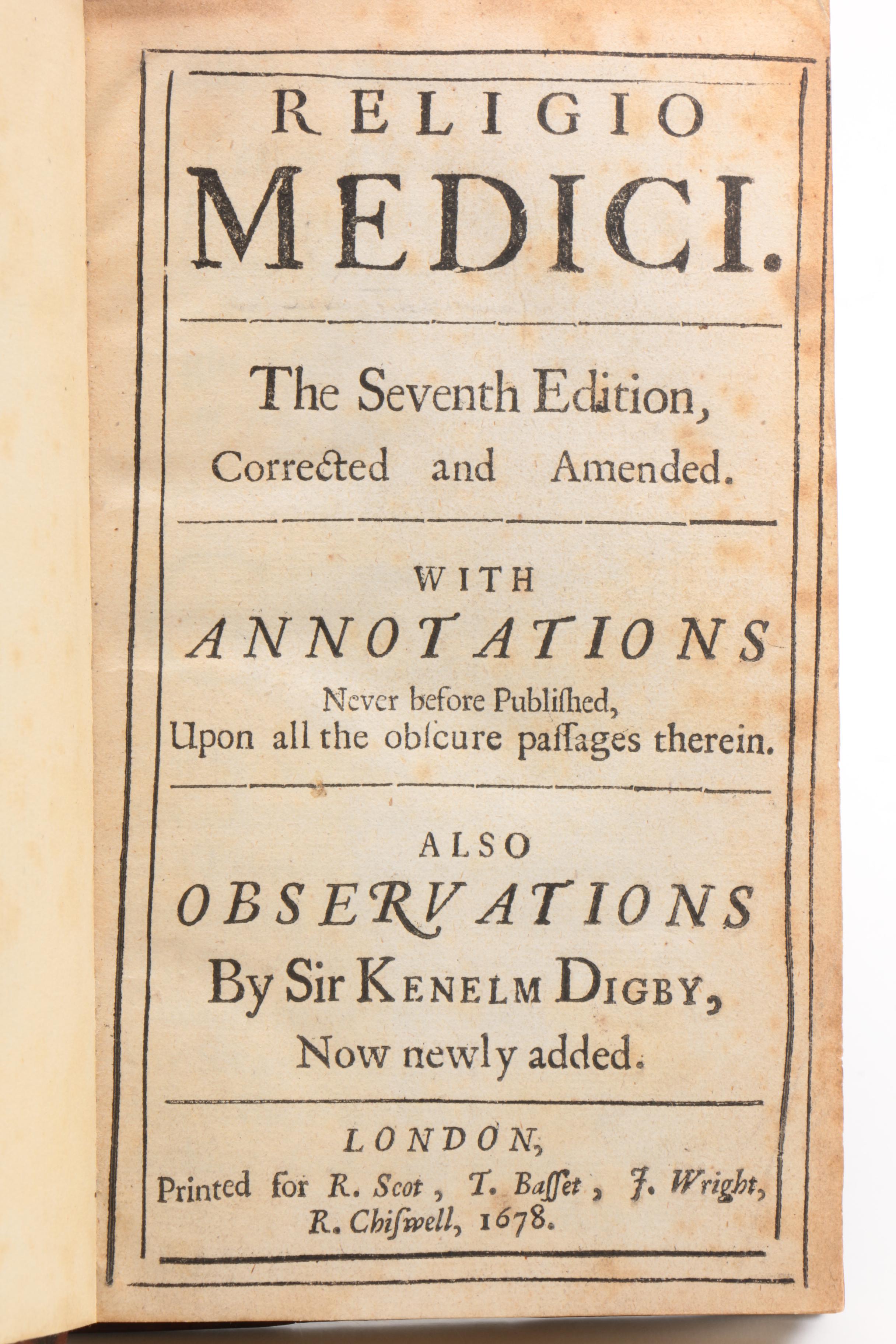 Seventh Edition "Religio Medici" by Sir Thomas Browne, 1678