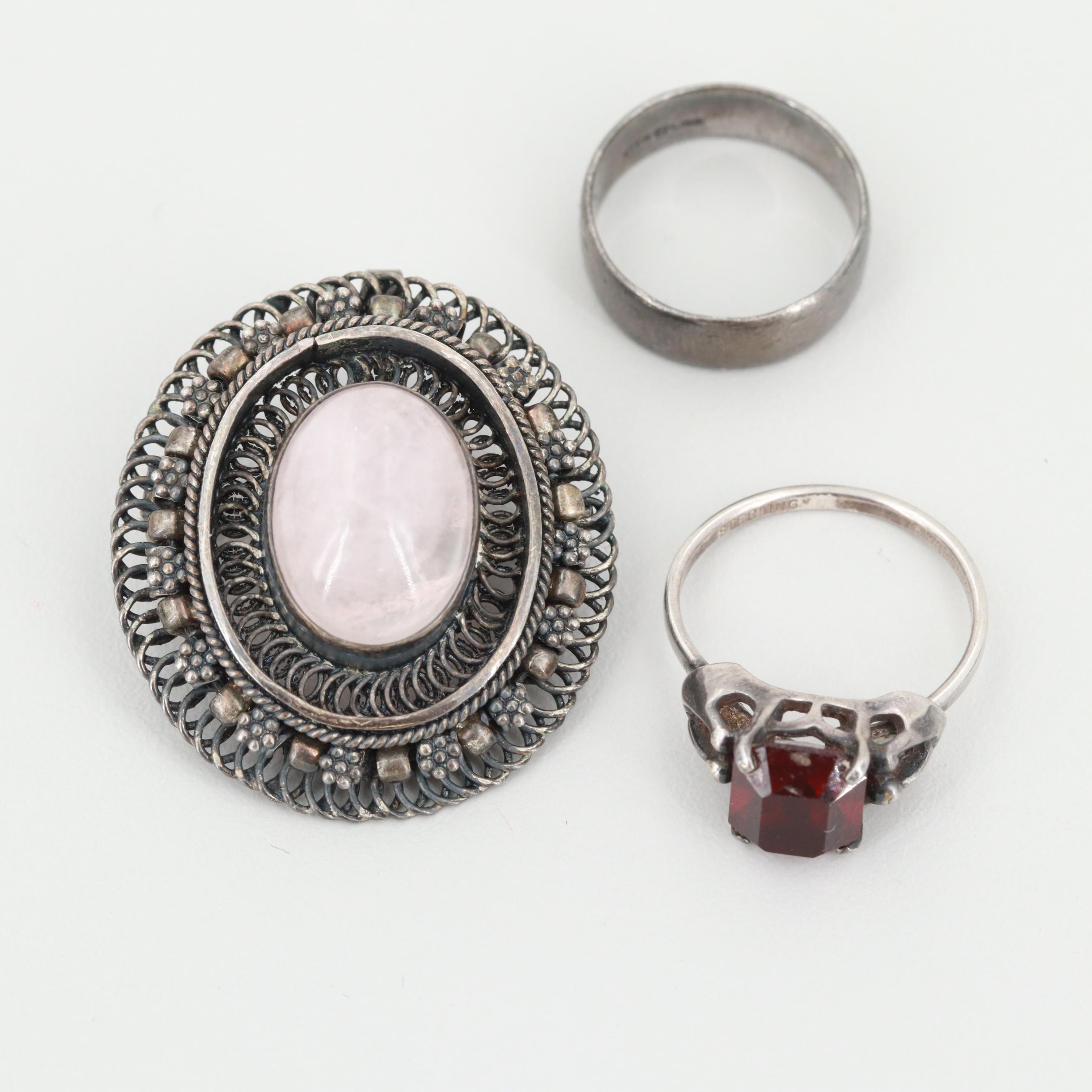 Vintage Sterling Silver Jewelry Including Rose Quartz Converter Brooch