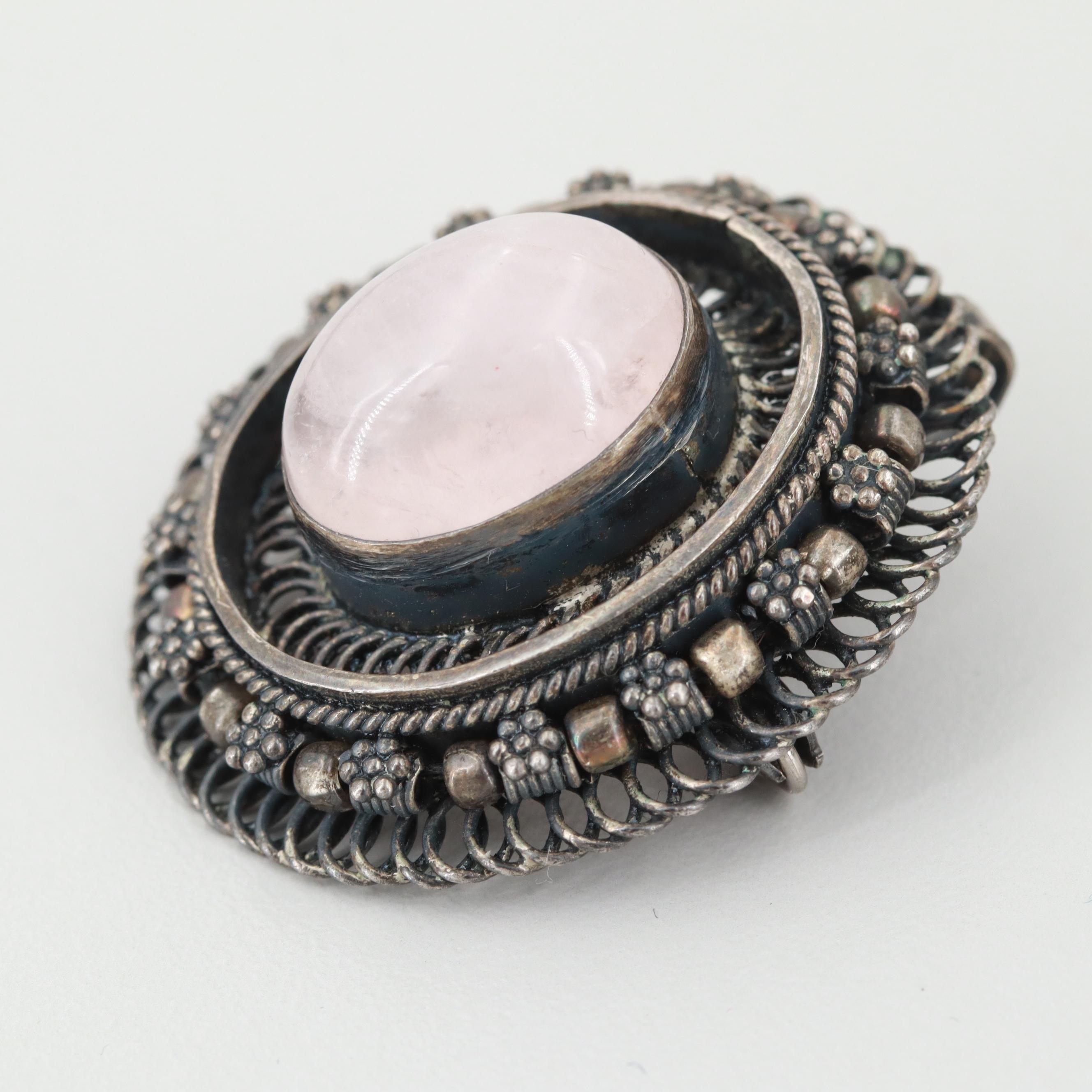 Vintage Sterling Silver Jewelry Including Rose Quartz Converter Brooch