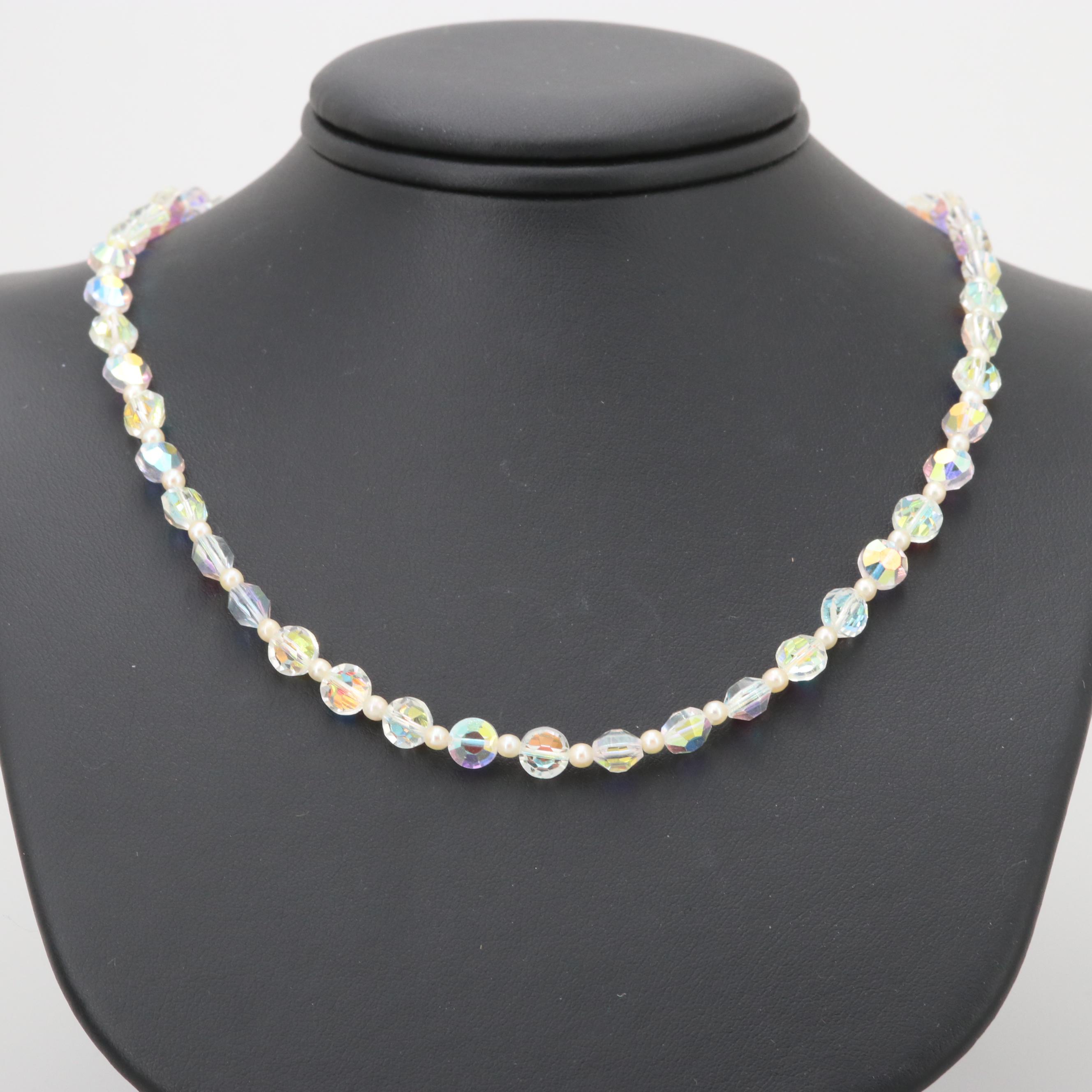 Vintage 14K White Gold Aurora Borealis and Cultured Pearl Beaded Necklace