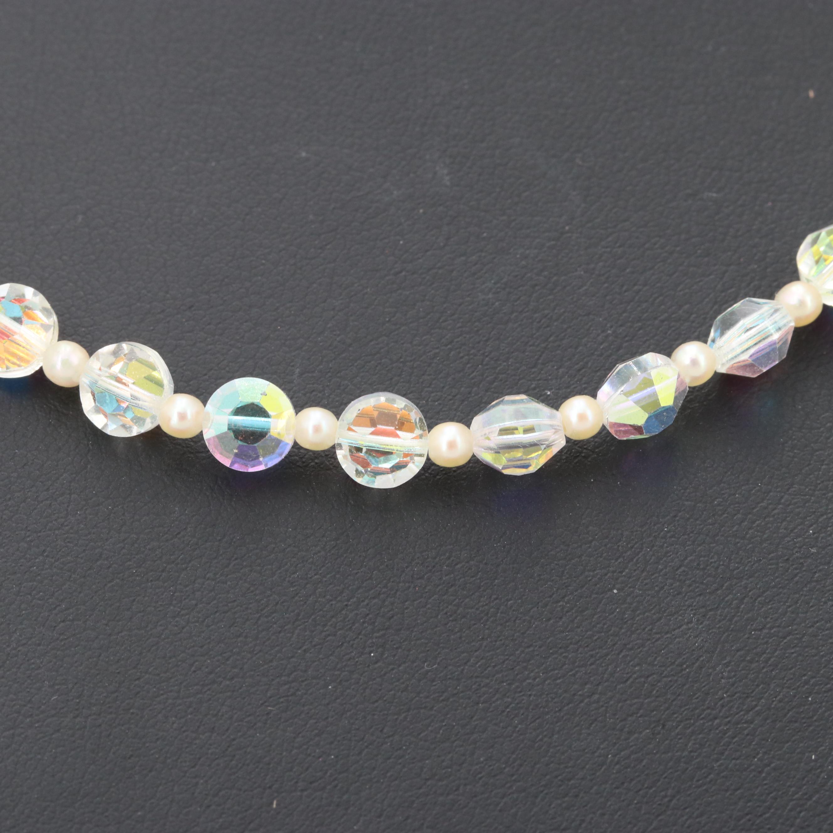 Vintage 14K White Gold Aurora Borealis and Cultured Pearl Beaded Necklace