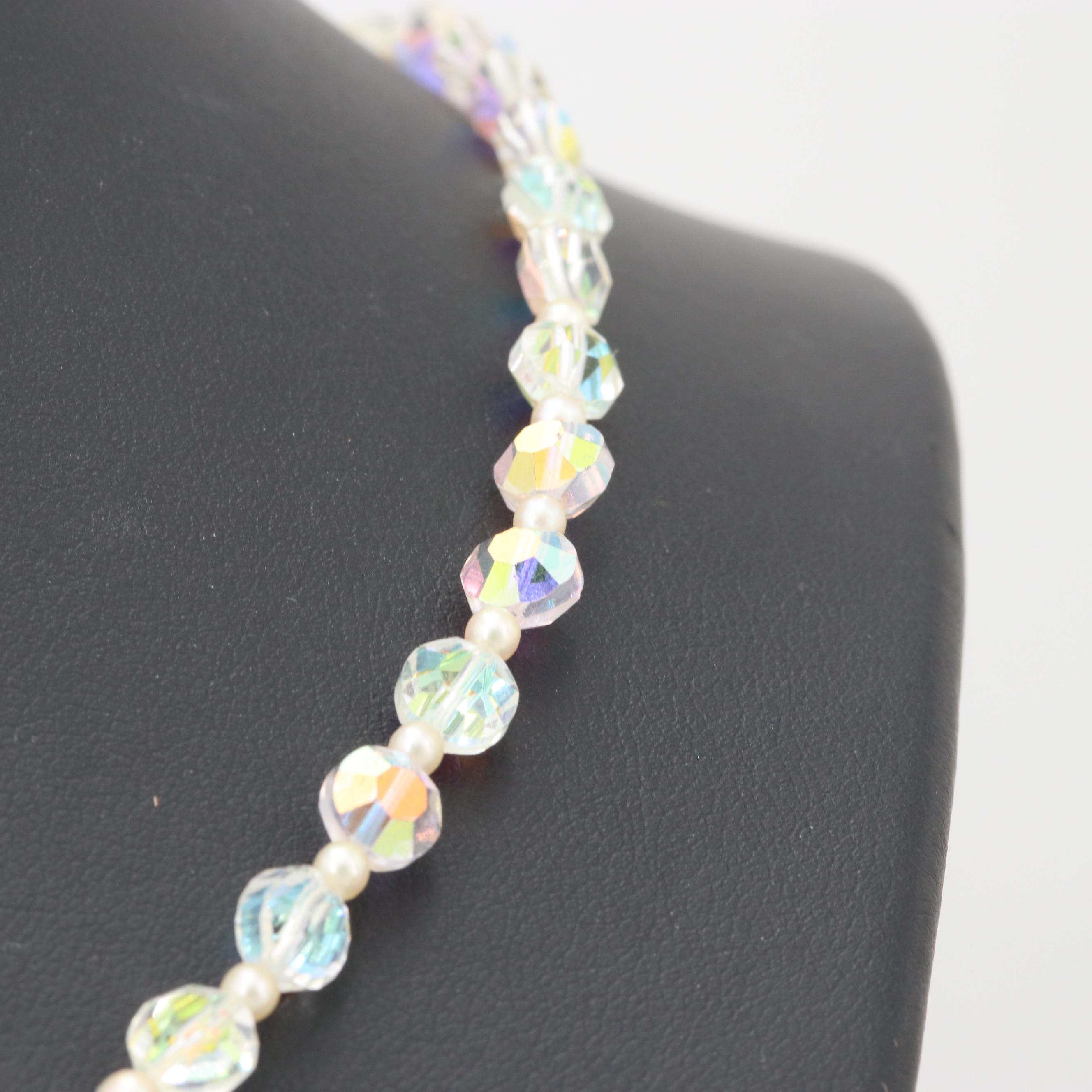 Vintage 14K White Gold Aurora Borealis and Cultured Pearl Beaded Necklace