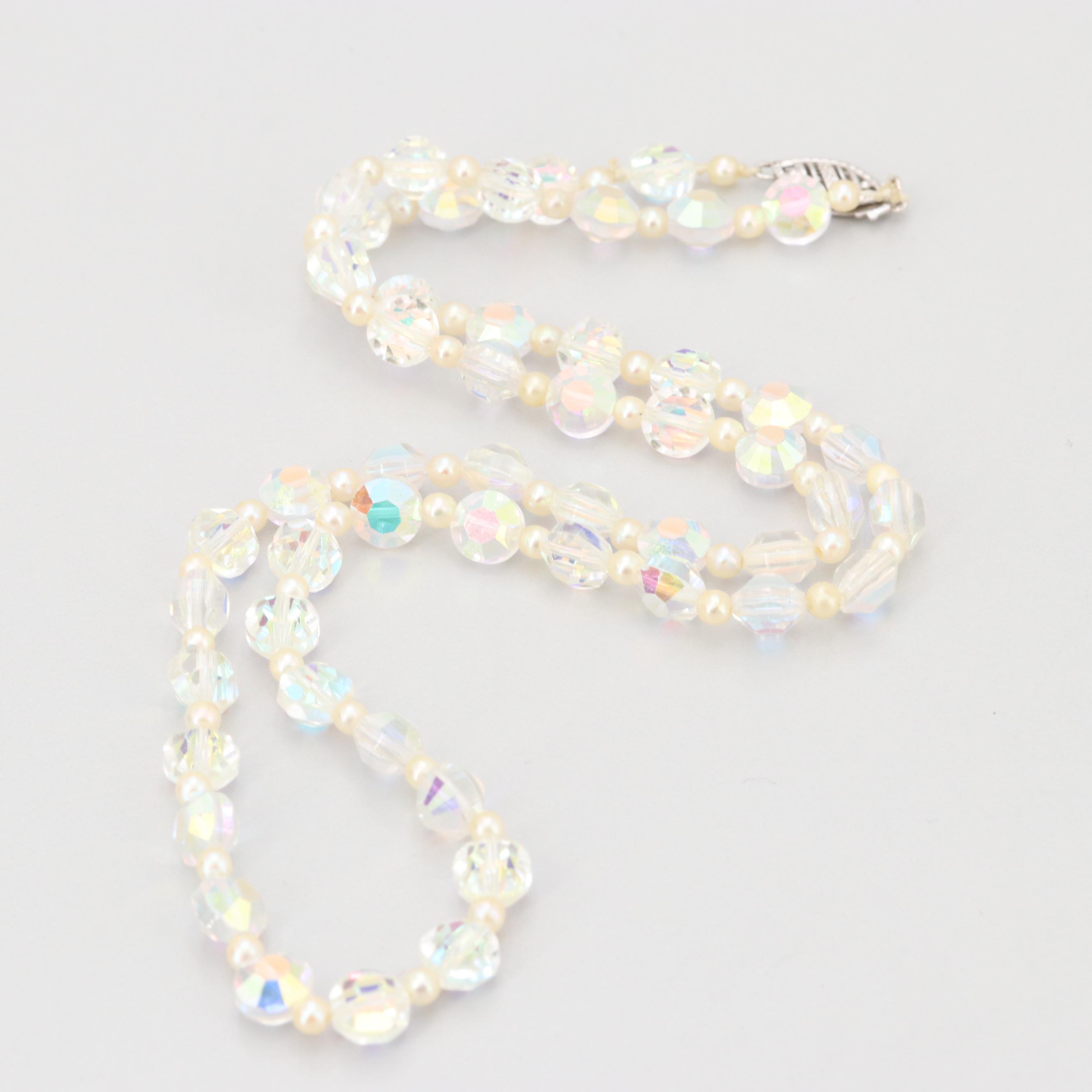 Vintage 14K White Gold Aurora Borealis and Cultured Pearl Beaded Necklace