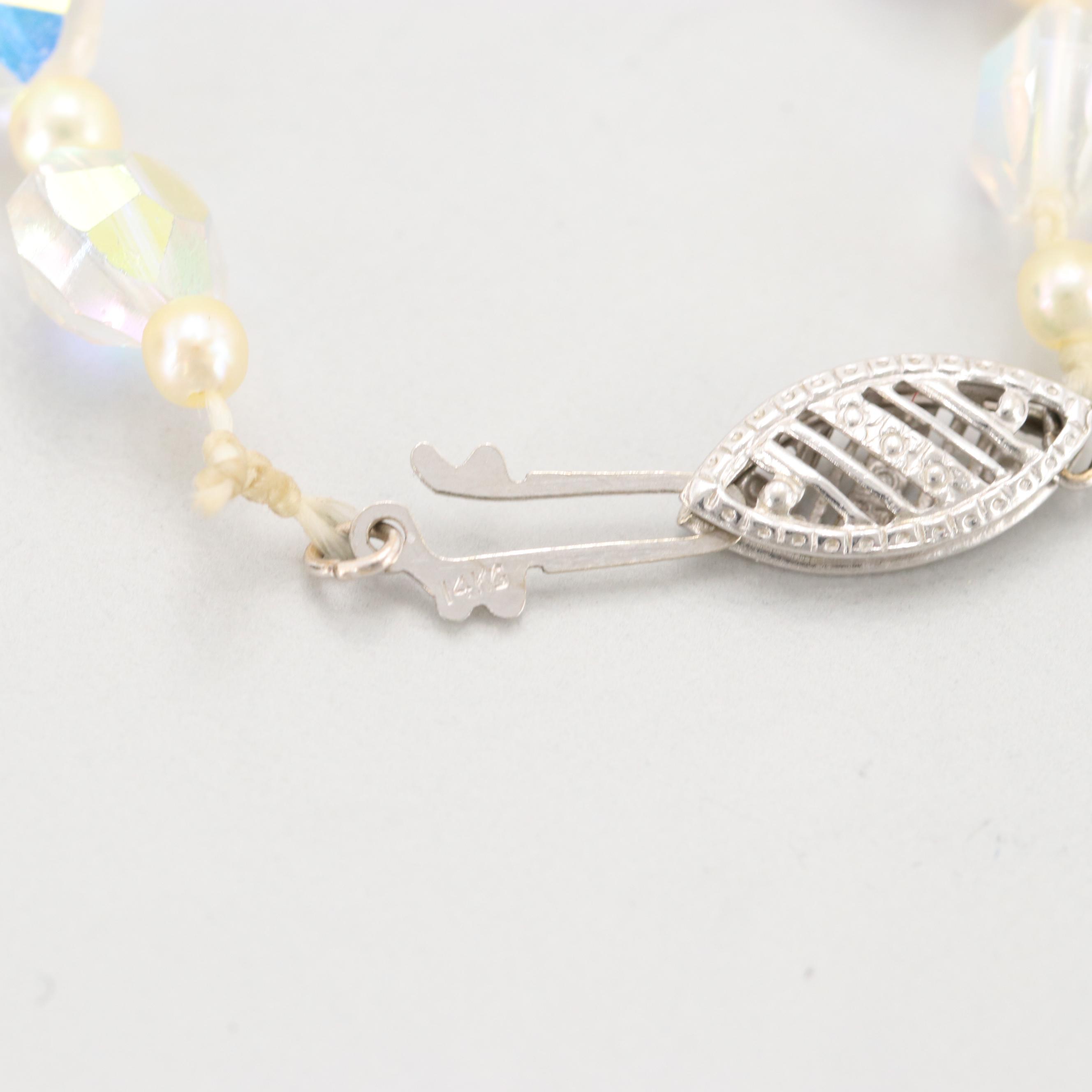 Vintage 14K White Gold Aurora Borealis and Cultured Pearl Beaded Necklace