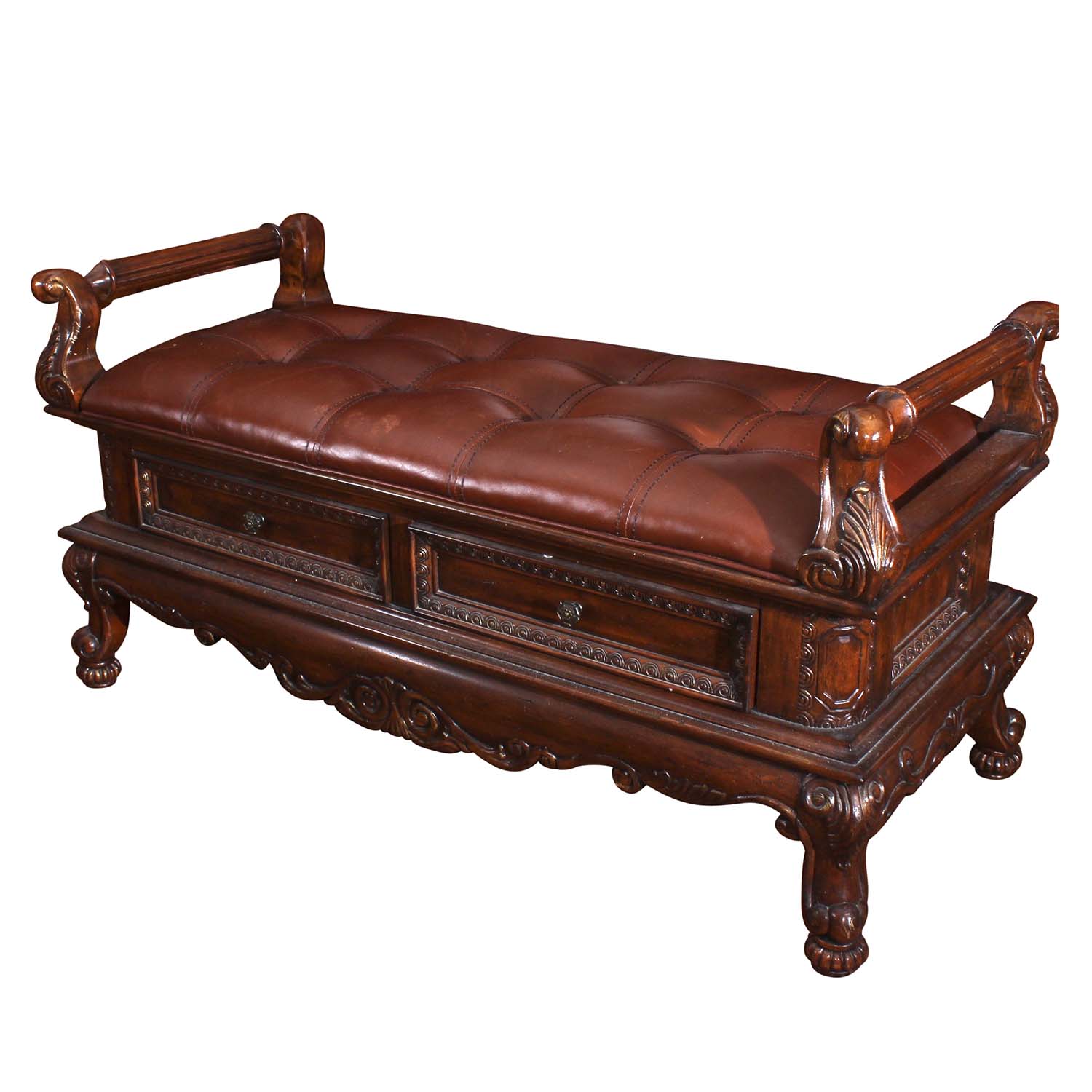 Mahogany Tufted Leather Bed Bench With Drawers and Handles, Late 20th Century