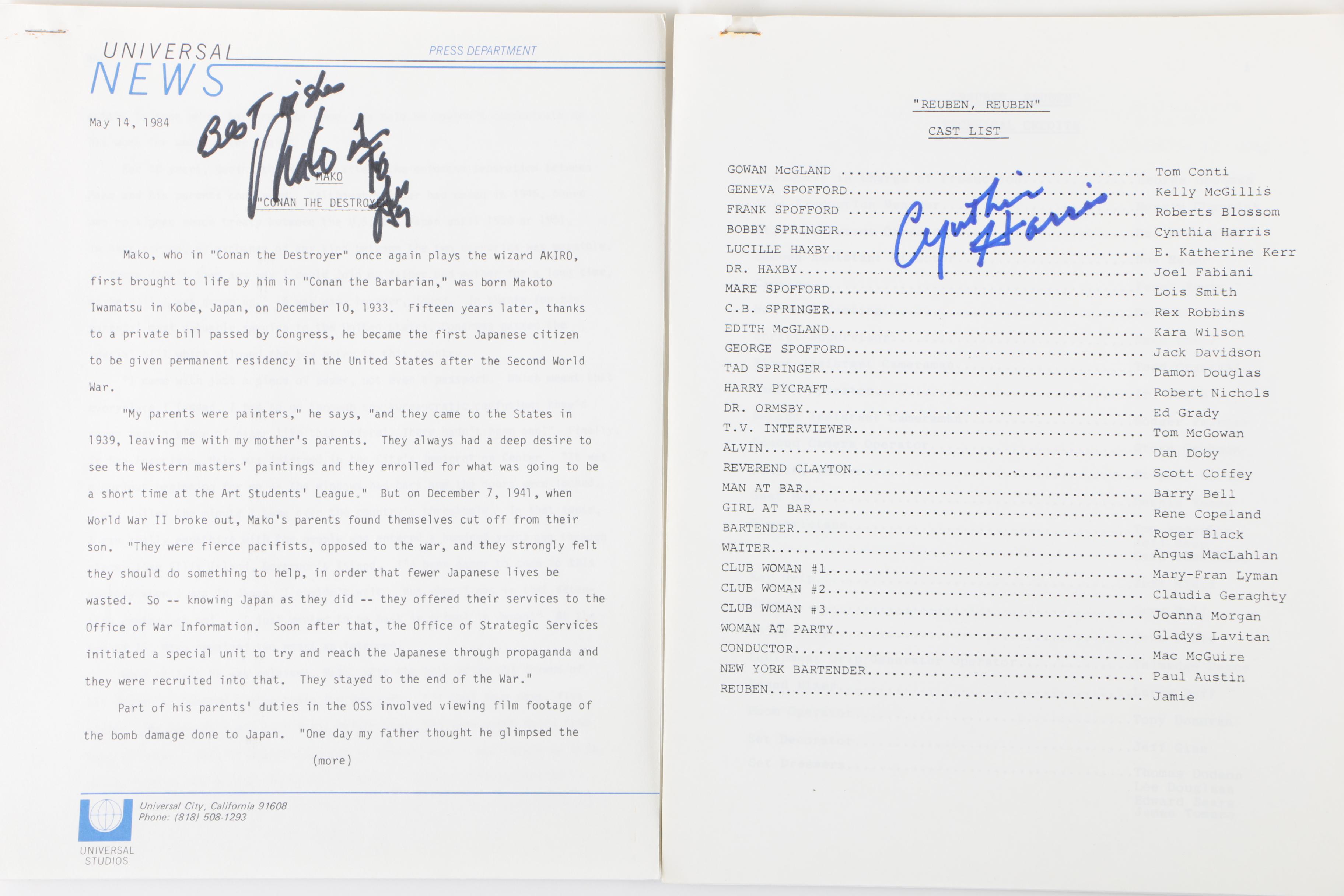 Film Screen Credits including Jessica Lange and Rob Lowe Autographs