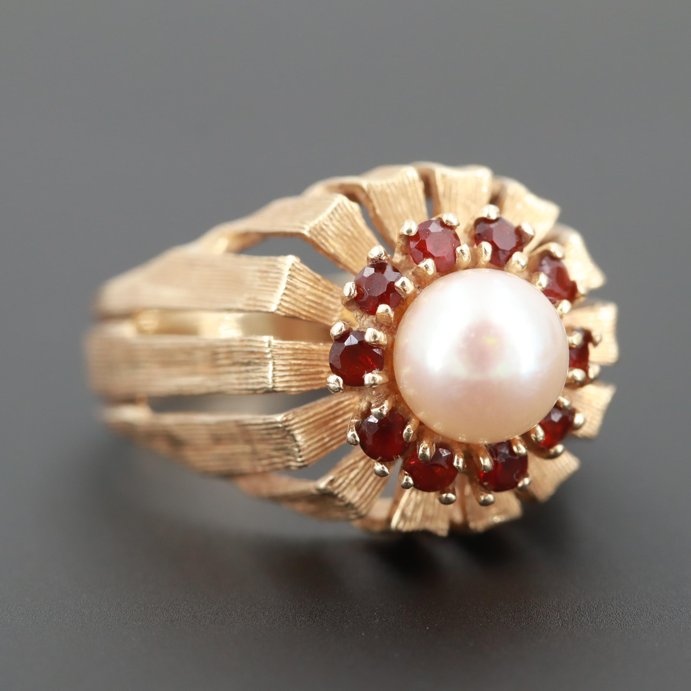 Circa 1970 Modern 14K Yellow Gold Cultured Pearl and Garnet Ring