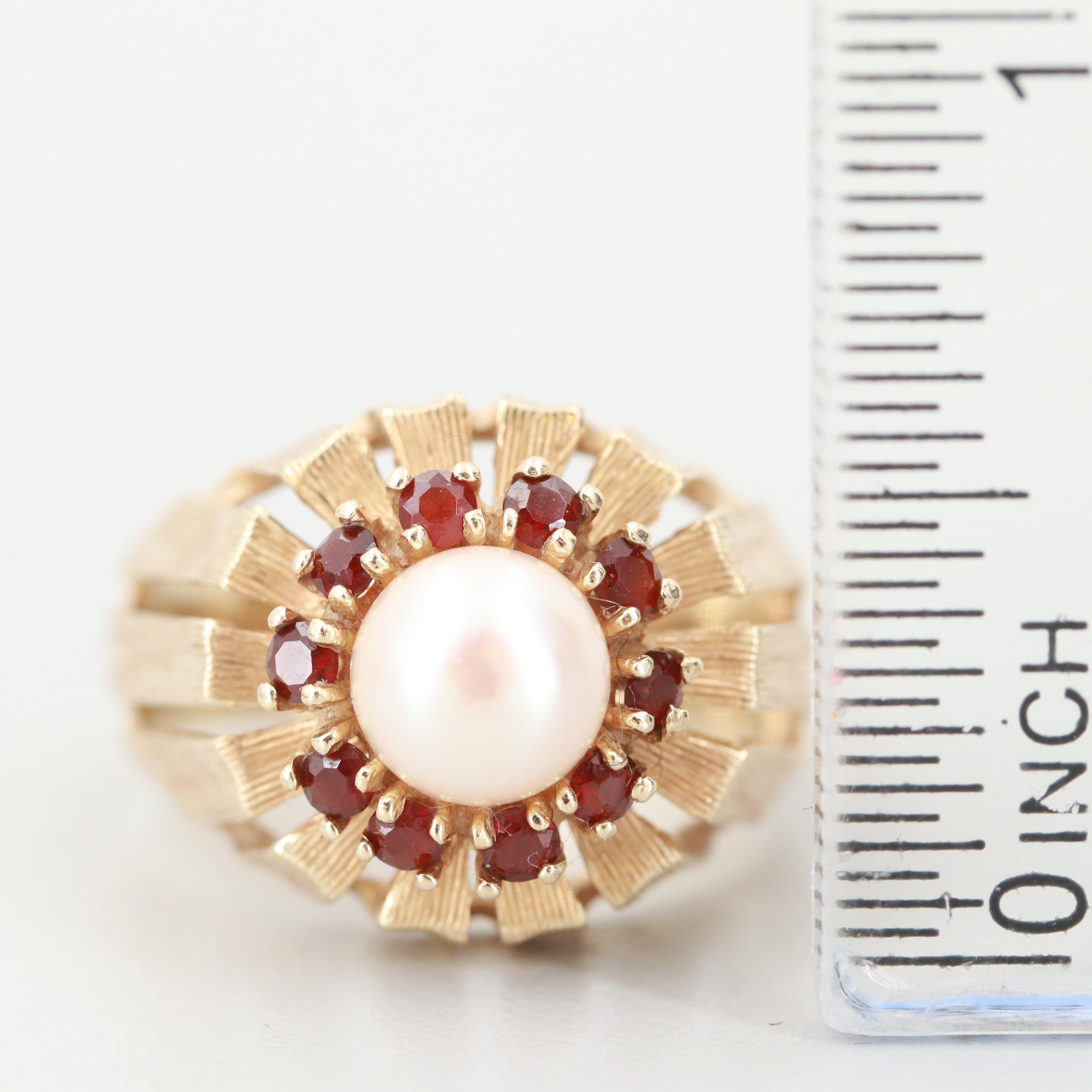 Circa 1970 Modern 14K Yellow Gold Cultured Pearl and Garnet Ring