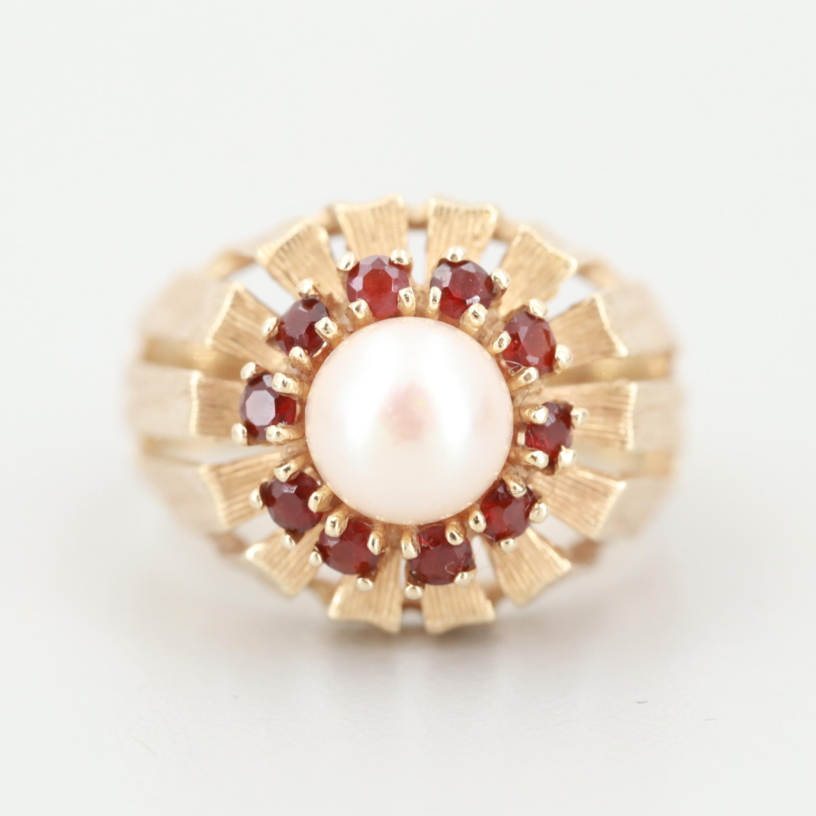 Circa 1970 Modern 14K Yellow Gold Cultured Pearl and Garnet Ring