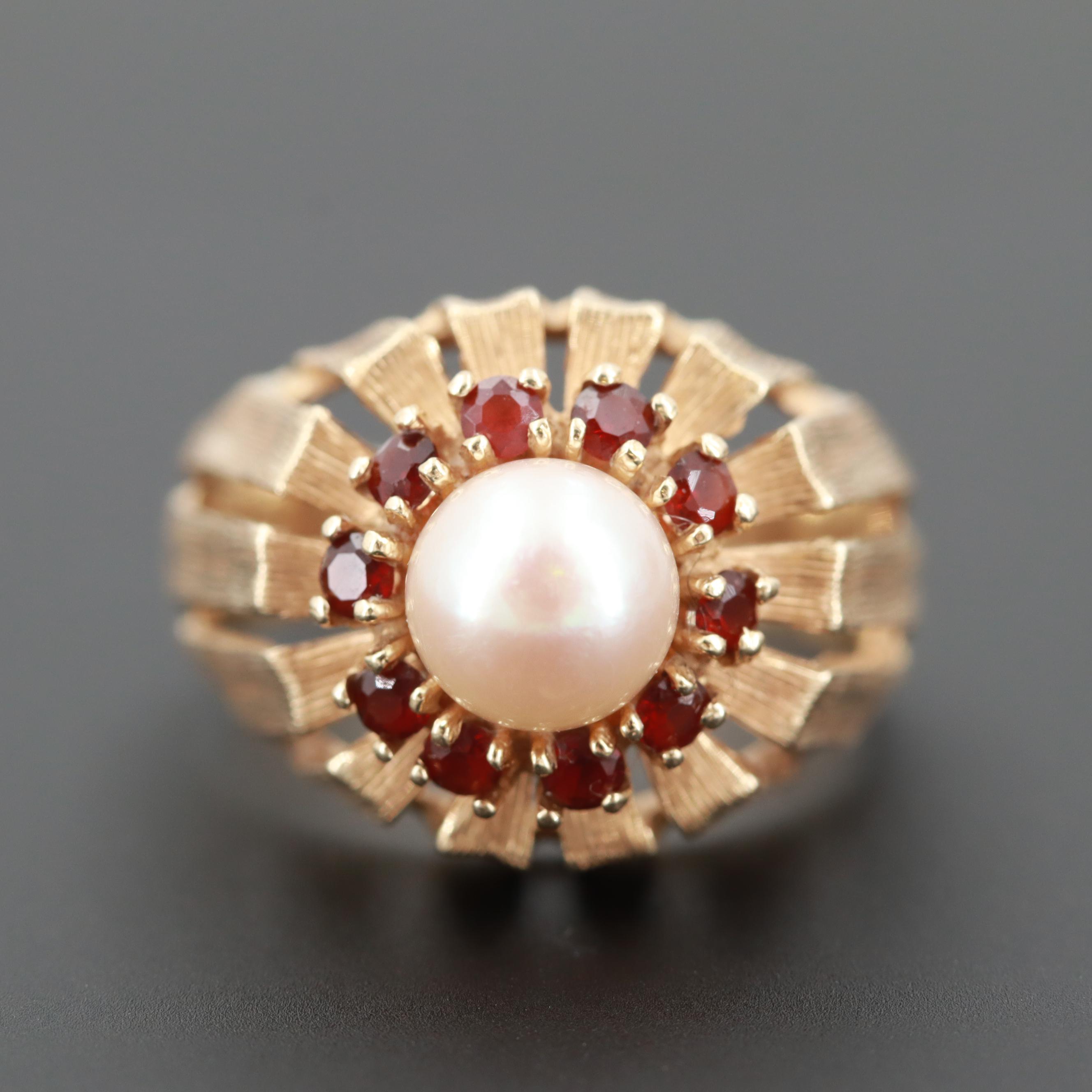 Circa 1970 Modern 14K Yellow Gold Cultured Pearl and Garnet Ring