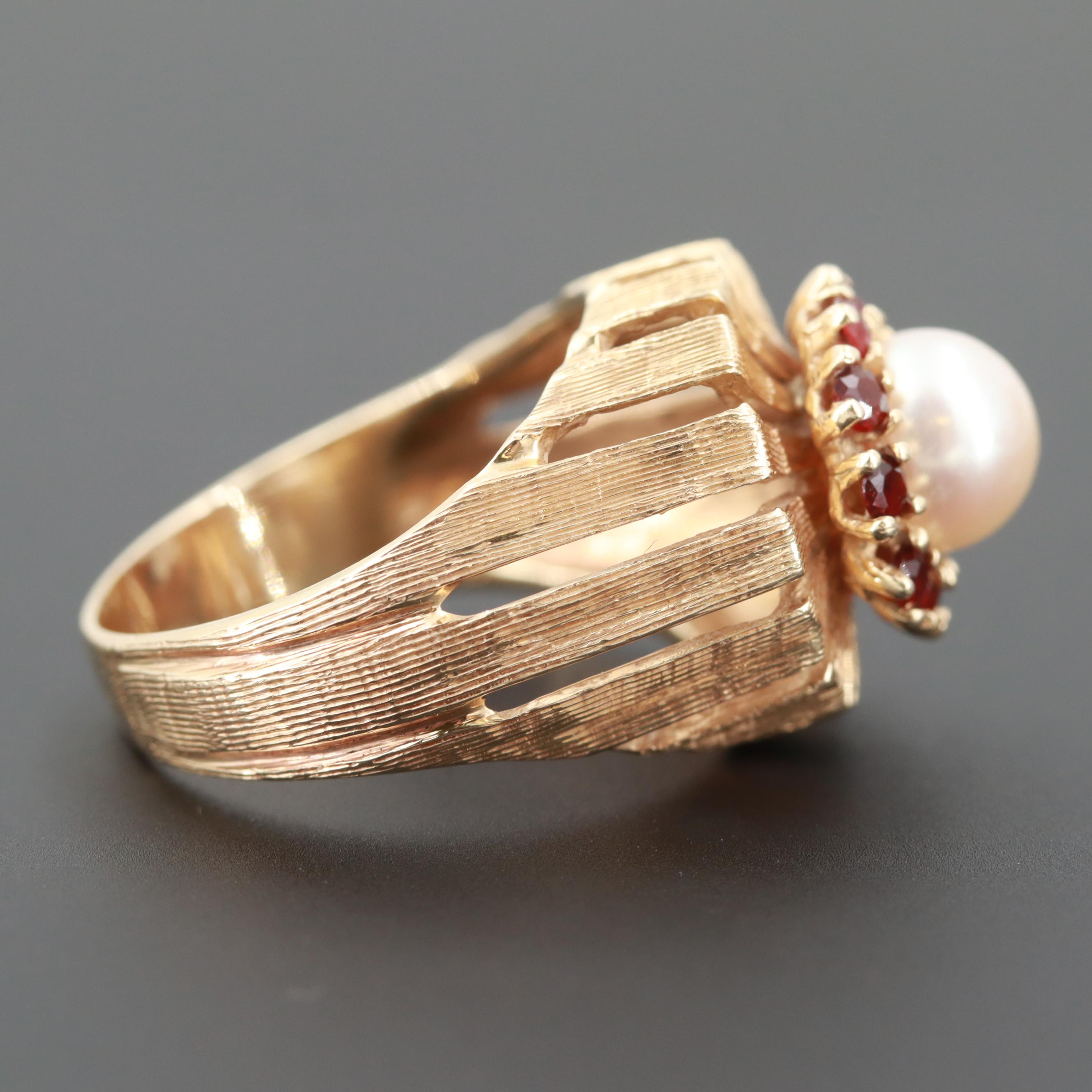 Circa 1970 Modern 14K Yellow Gold Cultured Pearl and Garnet Ring