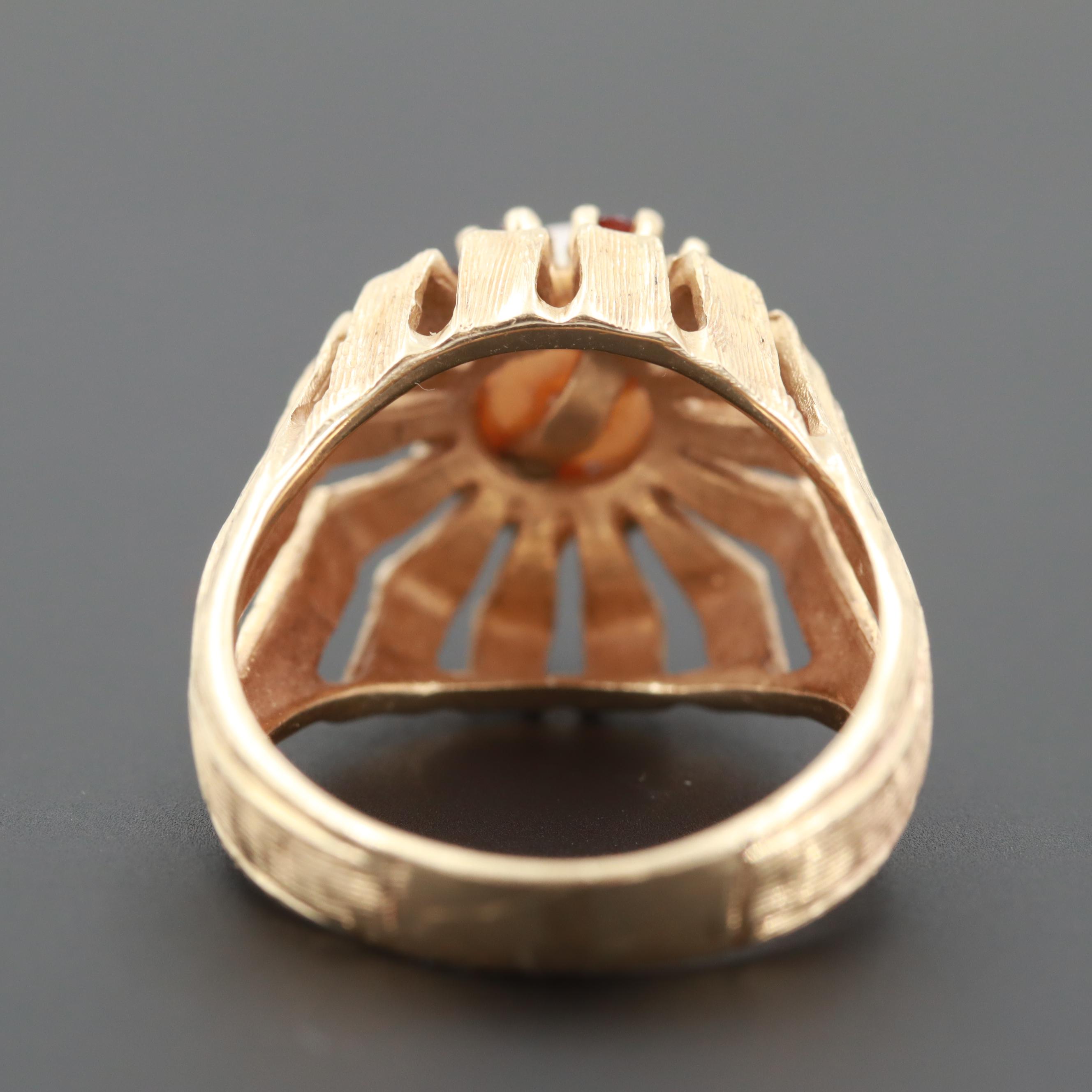 Circa 1970 Modern 14K Yellow Gold Cultured Pearl and Garnet Ring