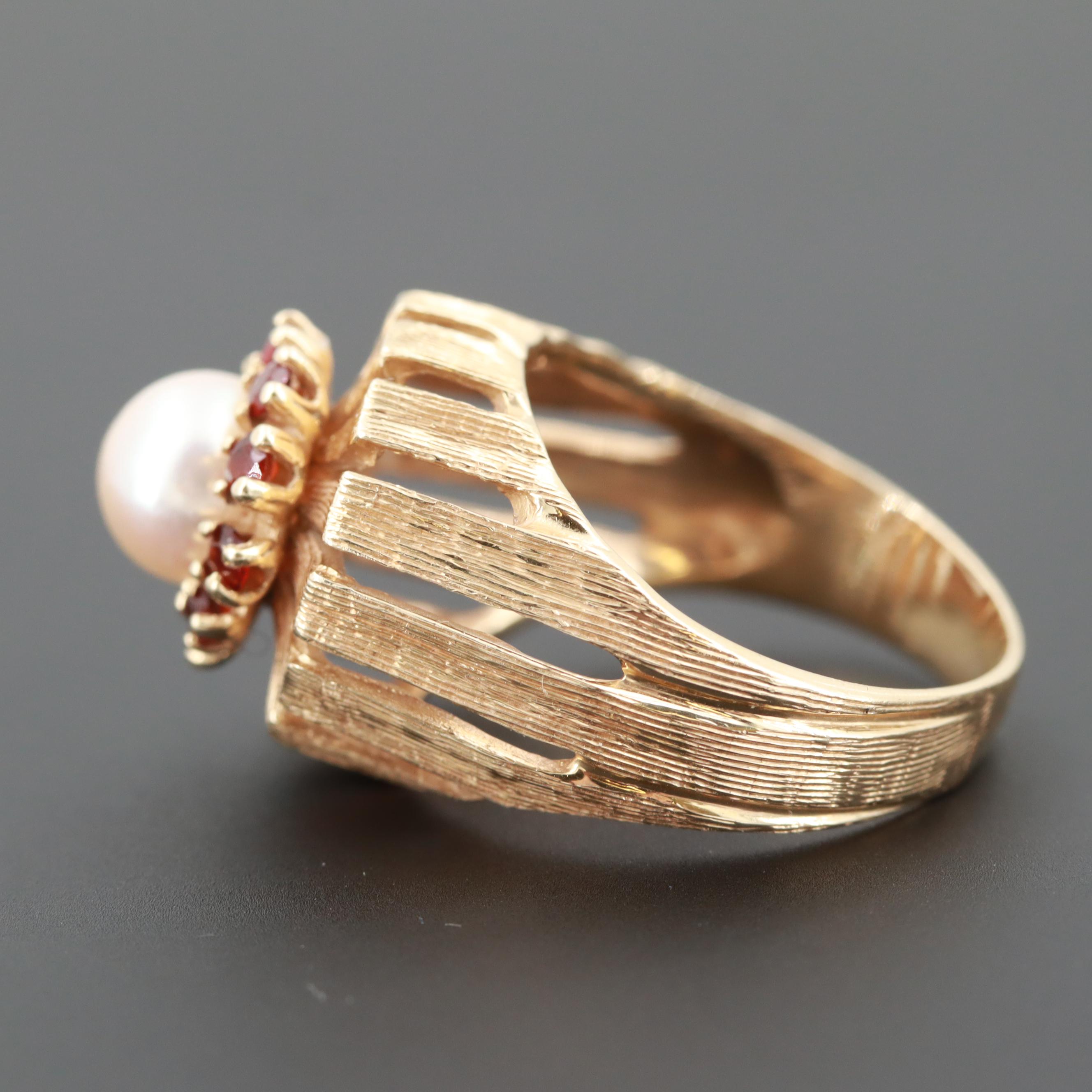 Circa 1970 Modern 14K Yellow Gold Cultured Pearl and Garnet Ring