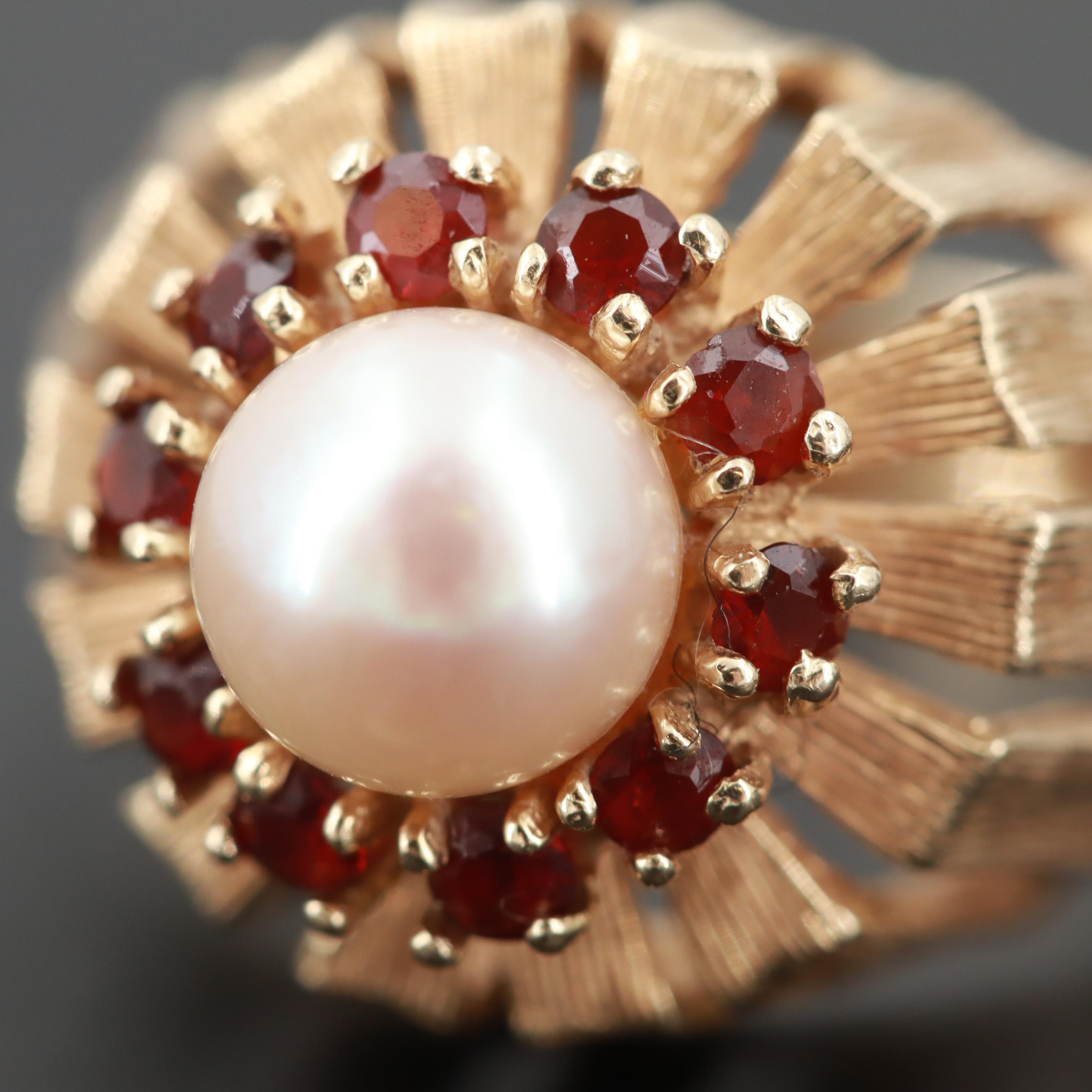 Circa 1970 Modern 14K Yellow Gold Cultured Pearl and Garnet Ring