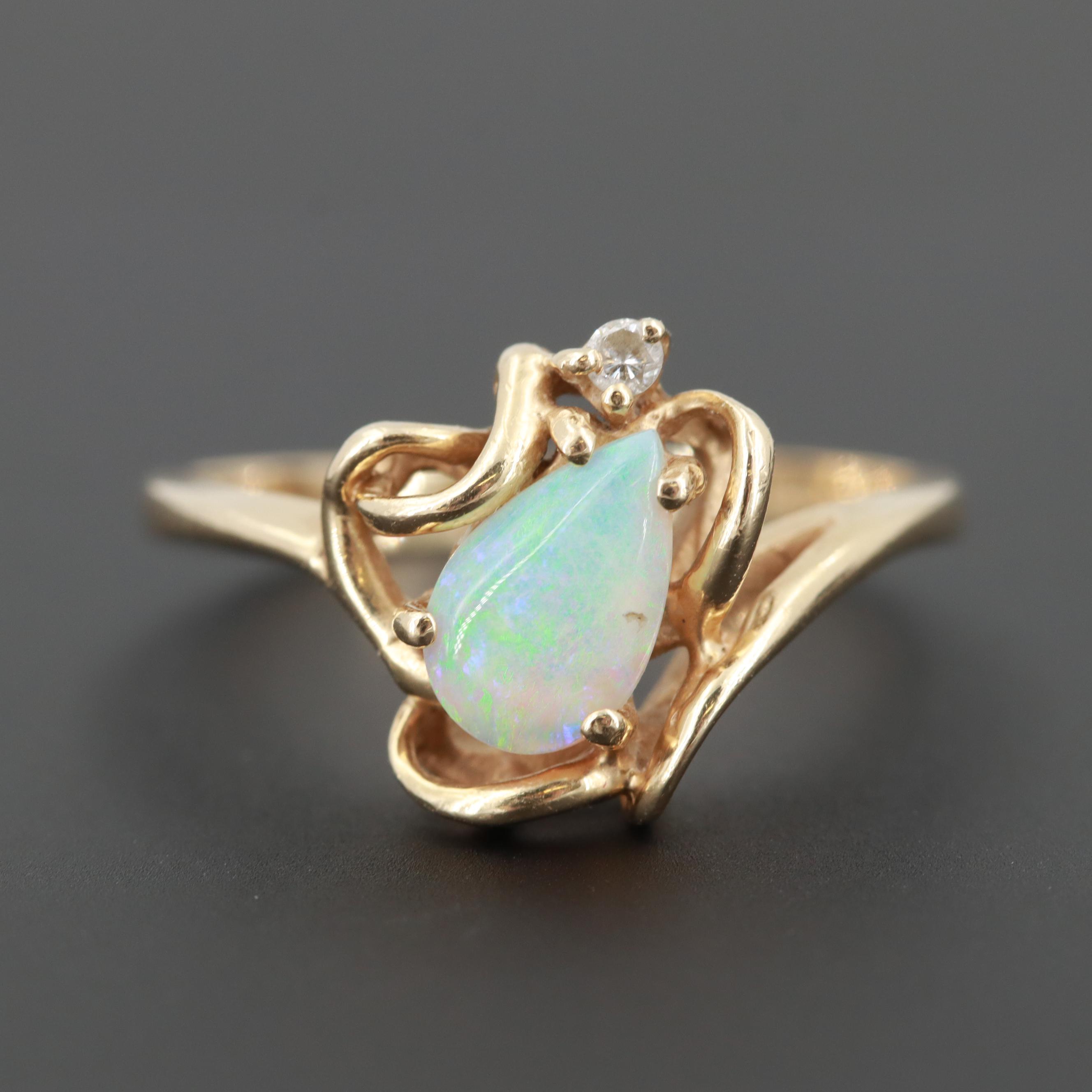 14K Yellow Gold Opal and Diamond Ring