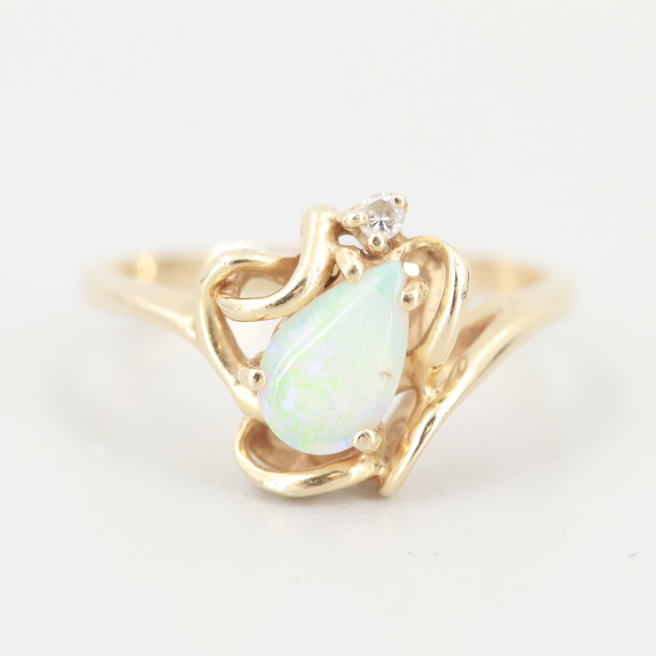 14K Yellow Gold Opal and Diamond Ring