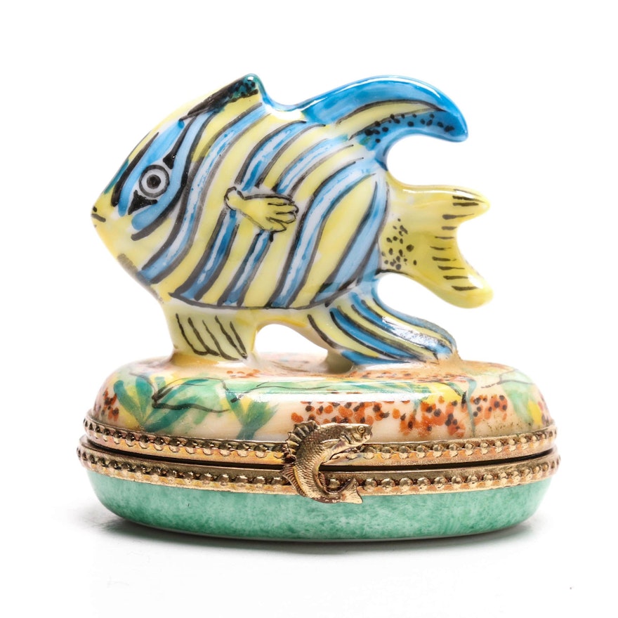 Limoges Hand-Painted Porcelain Trinket Box with Fish Motif