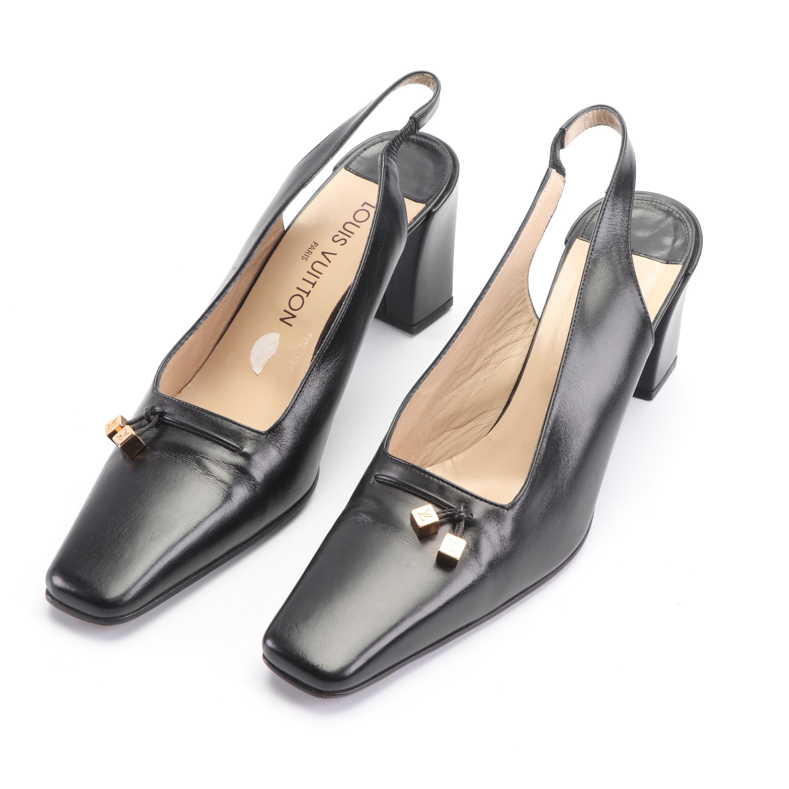 Louis Vuitton Black Leather Sling Back Square Toed Pumps with LV Dice Accents